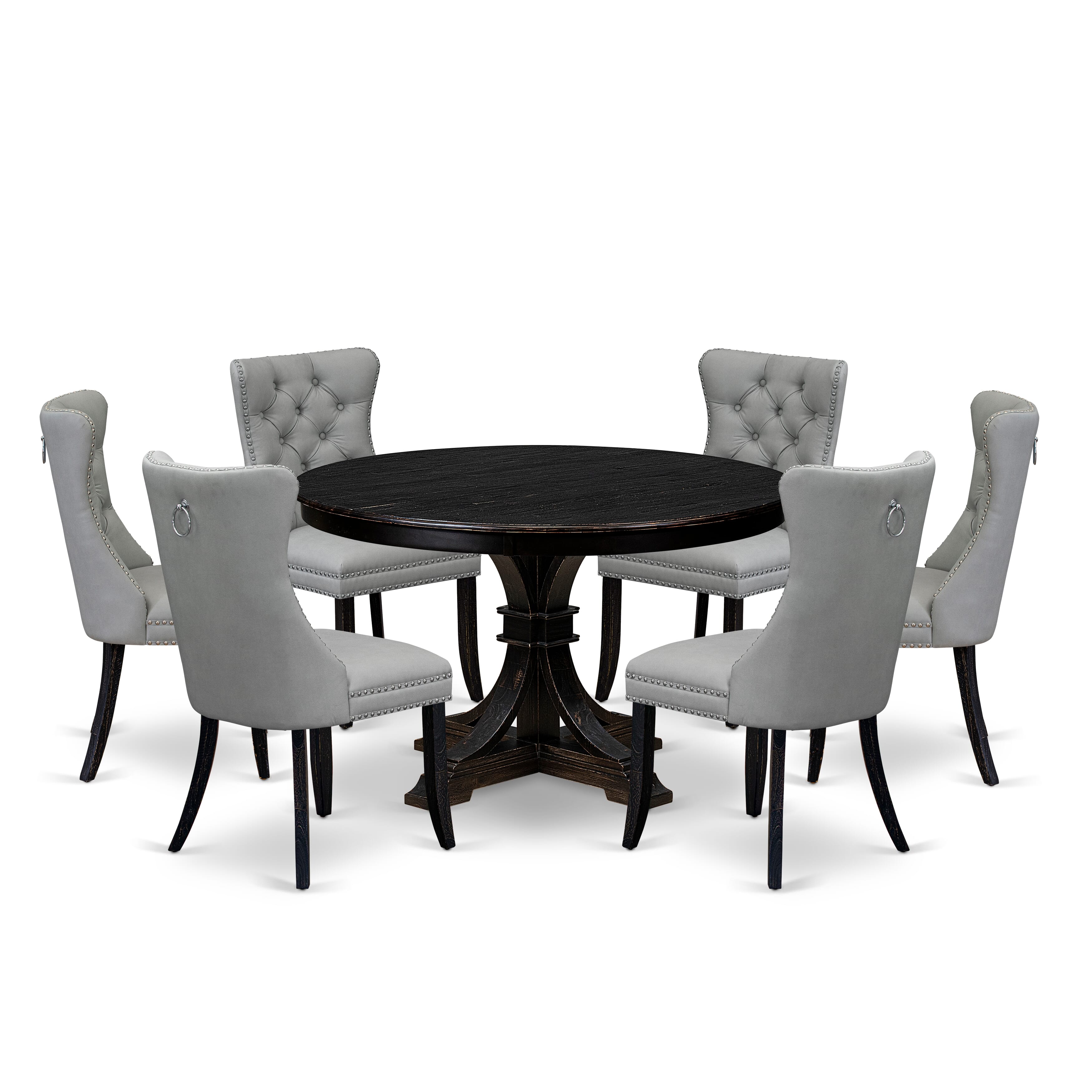 Luxe by East West Furniture F7DA7-411-27 7 Piece Dining Table Set Consists of a 48" Round Table with Pedestal and 6 Light Gray Faux Leather Padded Chairs, Sand Blasted Black