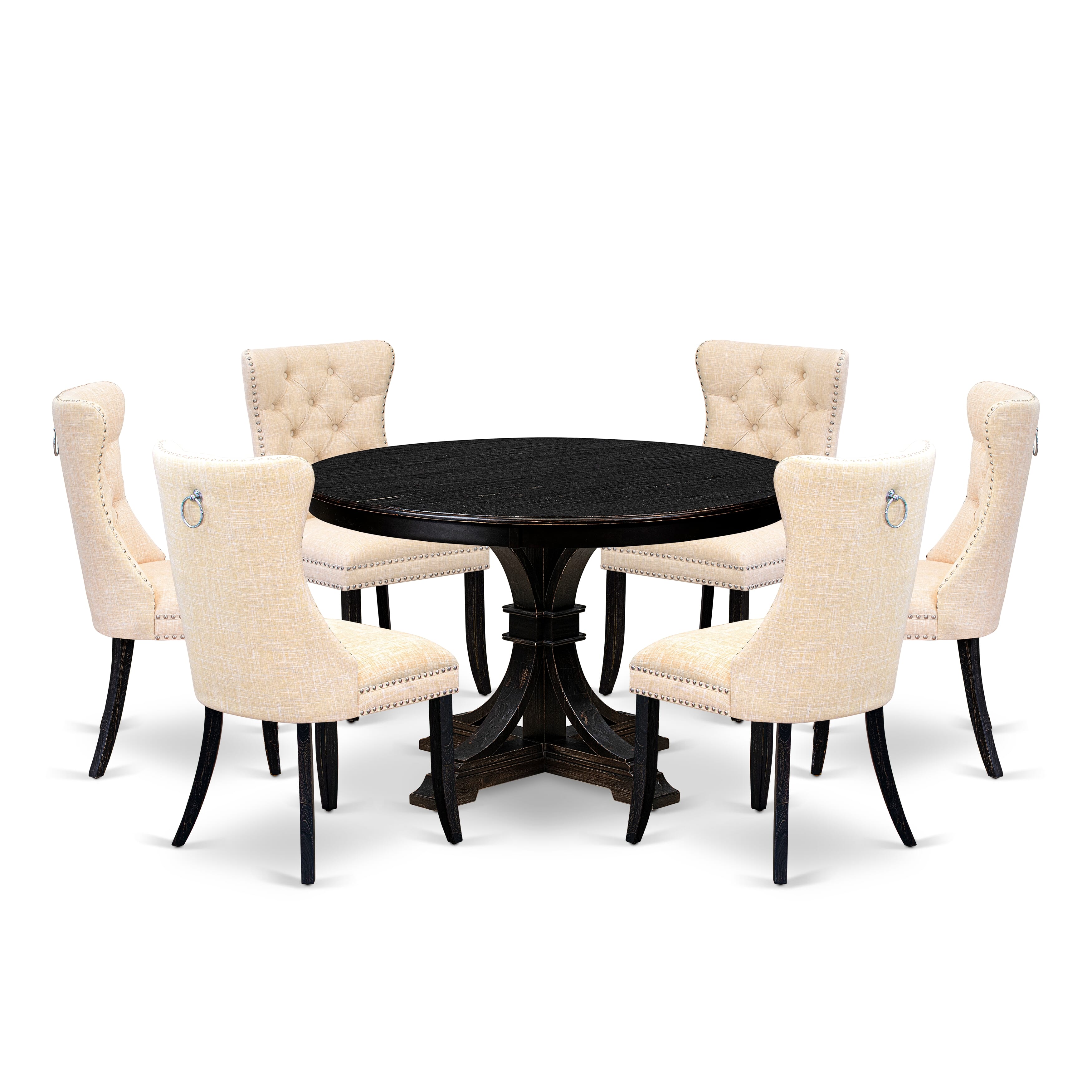 Luxe by East West Furniture F7DA7-411-32 7-piece Dining Set contains a kitchen table and 6 Light Beige Linen Fabric dinning chairs with Button Tufted Back - Sand Blasted Black