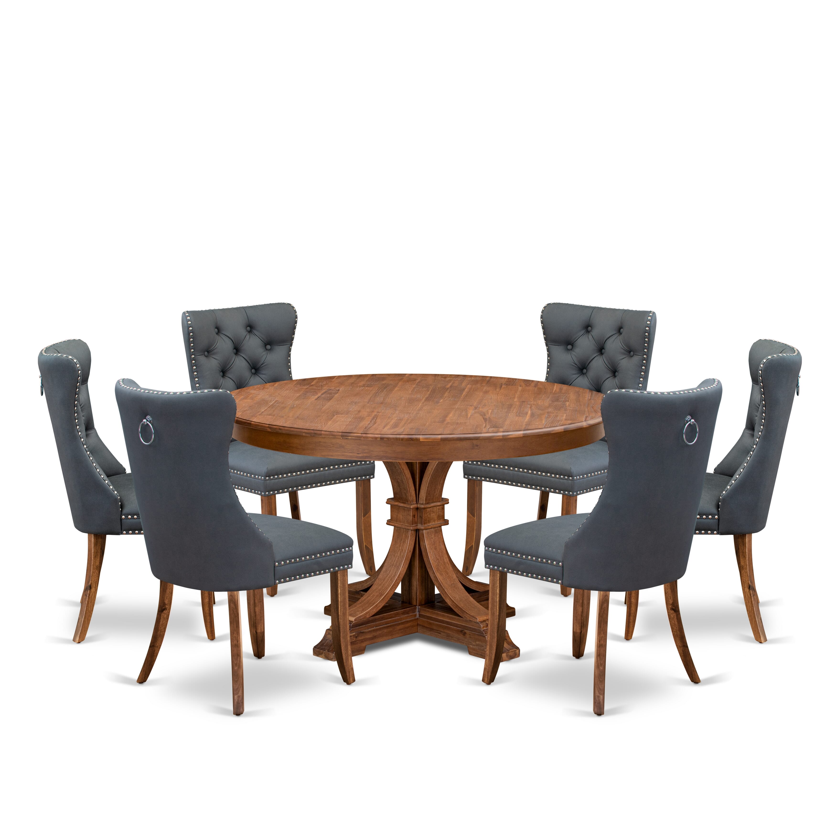 Luxe by East West Furniture F7DA7-50N-13 7-piece Modern Dining Room set consists of a Kitchen Table and 6 Platinum Gray Faux Leather Dining Chairs with Button Tufted Back - Antique Walnut Finish