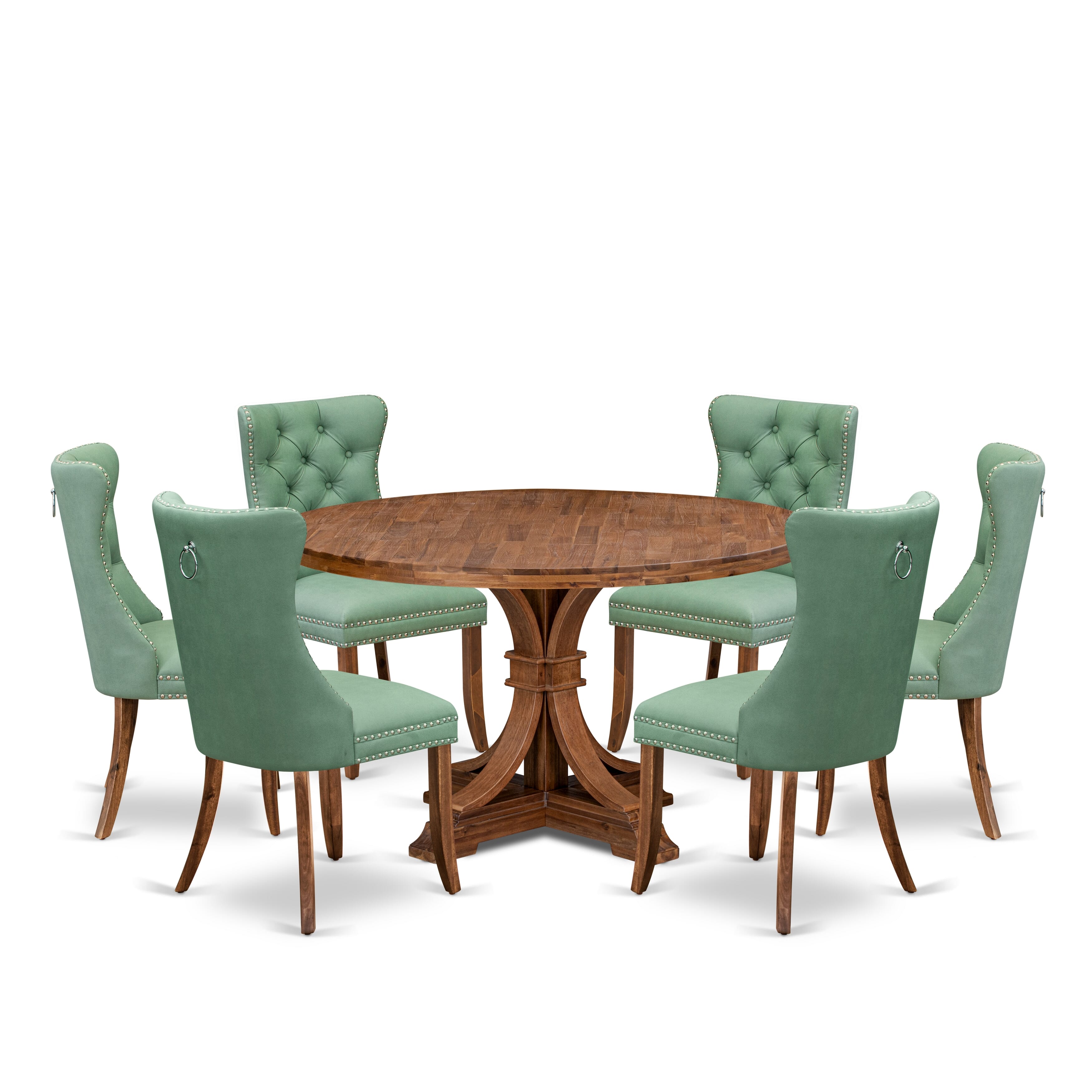 Luxe by East West Furniture F7DA7-50N-22 7-Pc Dining Set Contain a Dining Room Table and 6 Willow Green Faux Leather Upholstered Chairs with Button-Tufted Back, Antique Walnut