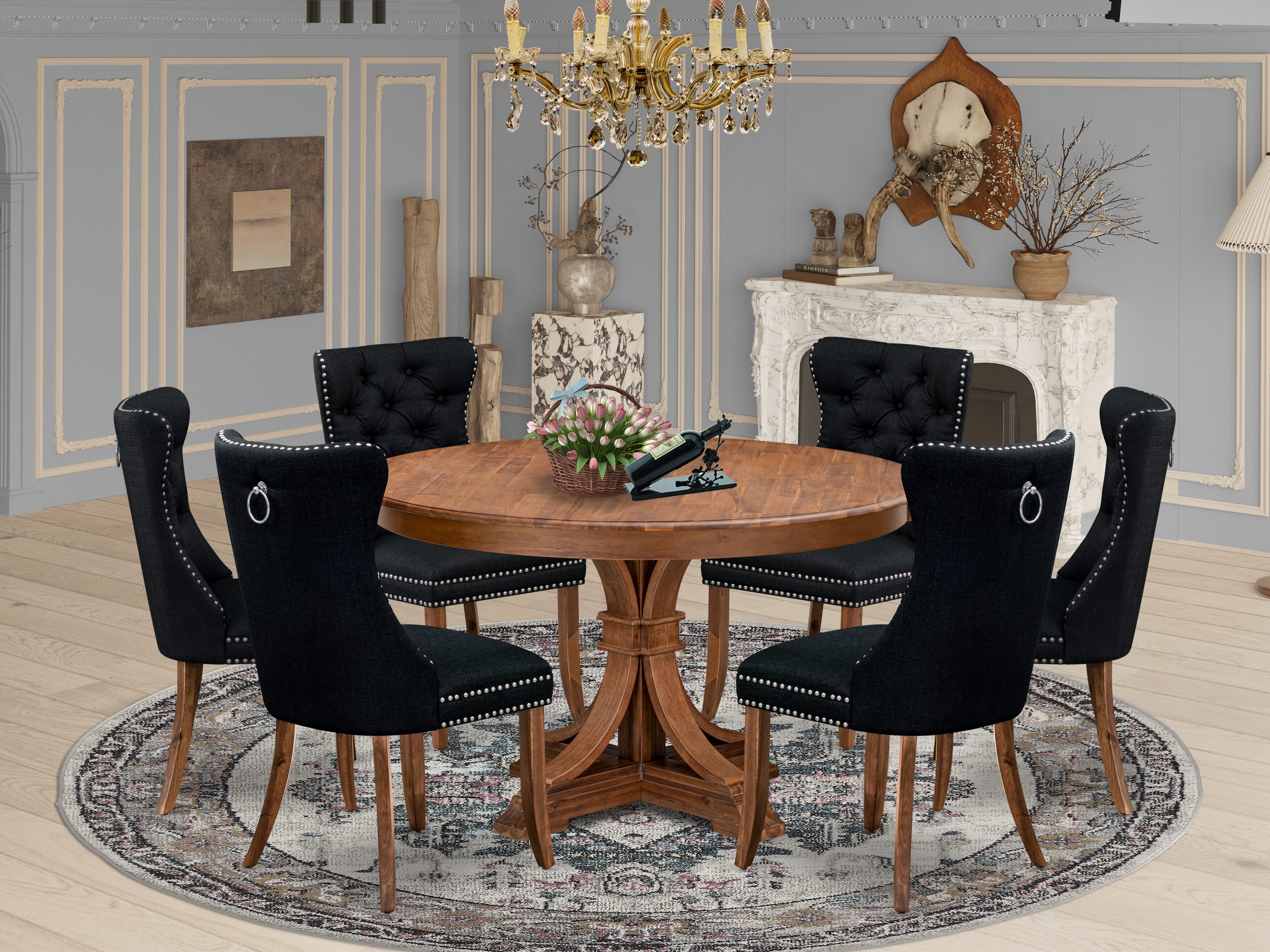 Luxe by East West Furniture F7DA7-50N-24 7-Piece Kitchen Table Set with Linen Fabric 6 Black padded chairs, Button-Tufted Backs, and a 54"Round Dinner Table in Antique Walnut Finish.