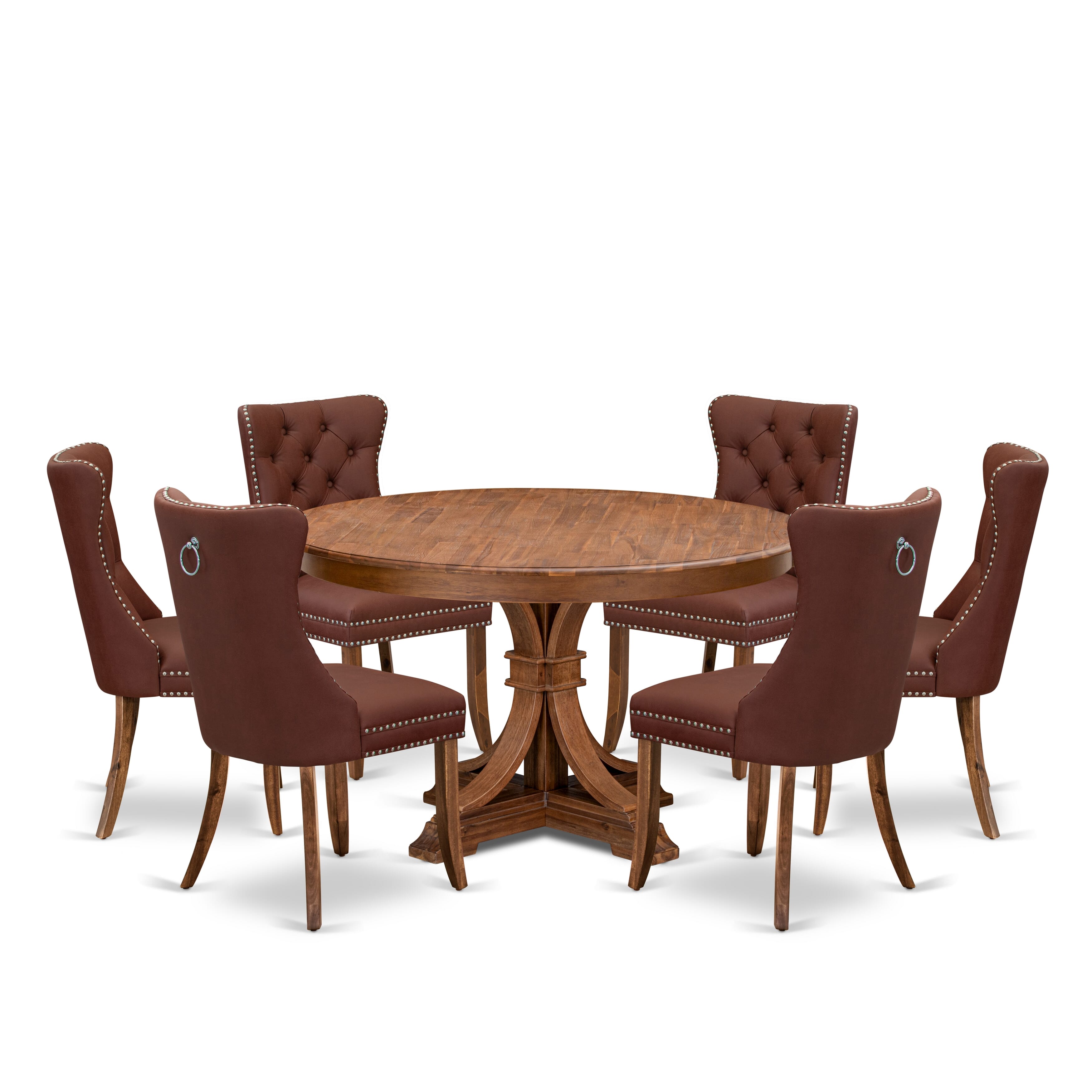 Luxe by East West Furniture F7DA7-50N-26 7-Pc Kitchen Dining Table Set Contain a Dining Room Table and 6 Burgundy Faux Leather Chairs with Button-Tufted Back, Antique Walnut