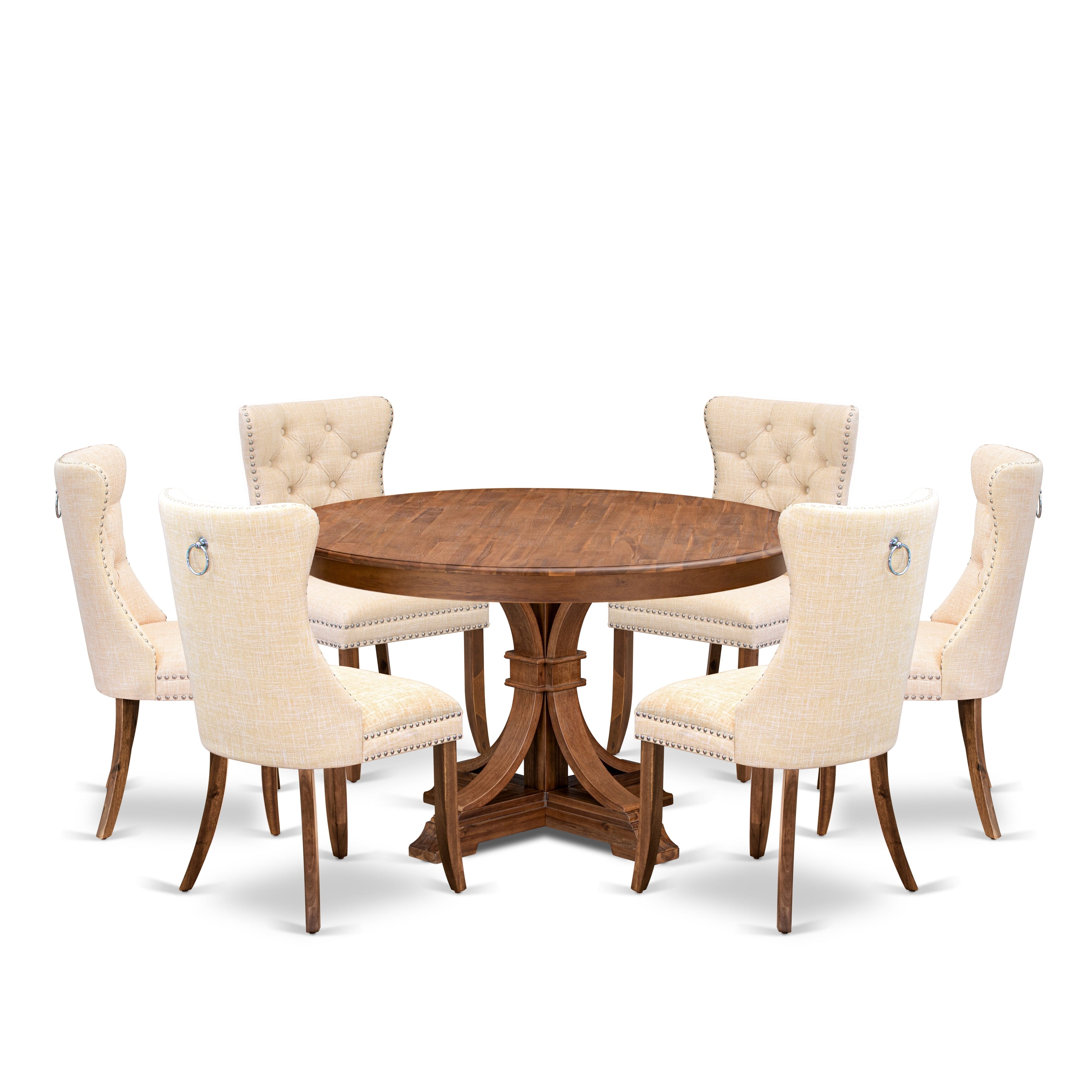 Luxe by East West Furniture F7DA7-50N-32 7-Piece Kitchen Table Set with Linen Fabric 6 Light Beige Kitchen chairs, Button-Tufted Backs, and a 54"Round Breakfast Table in Antique Walnut Finish.