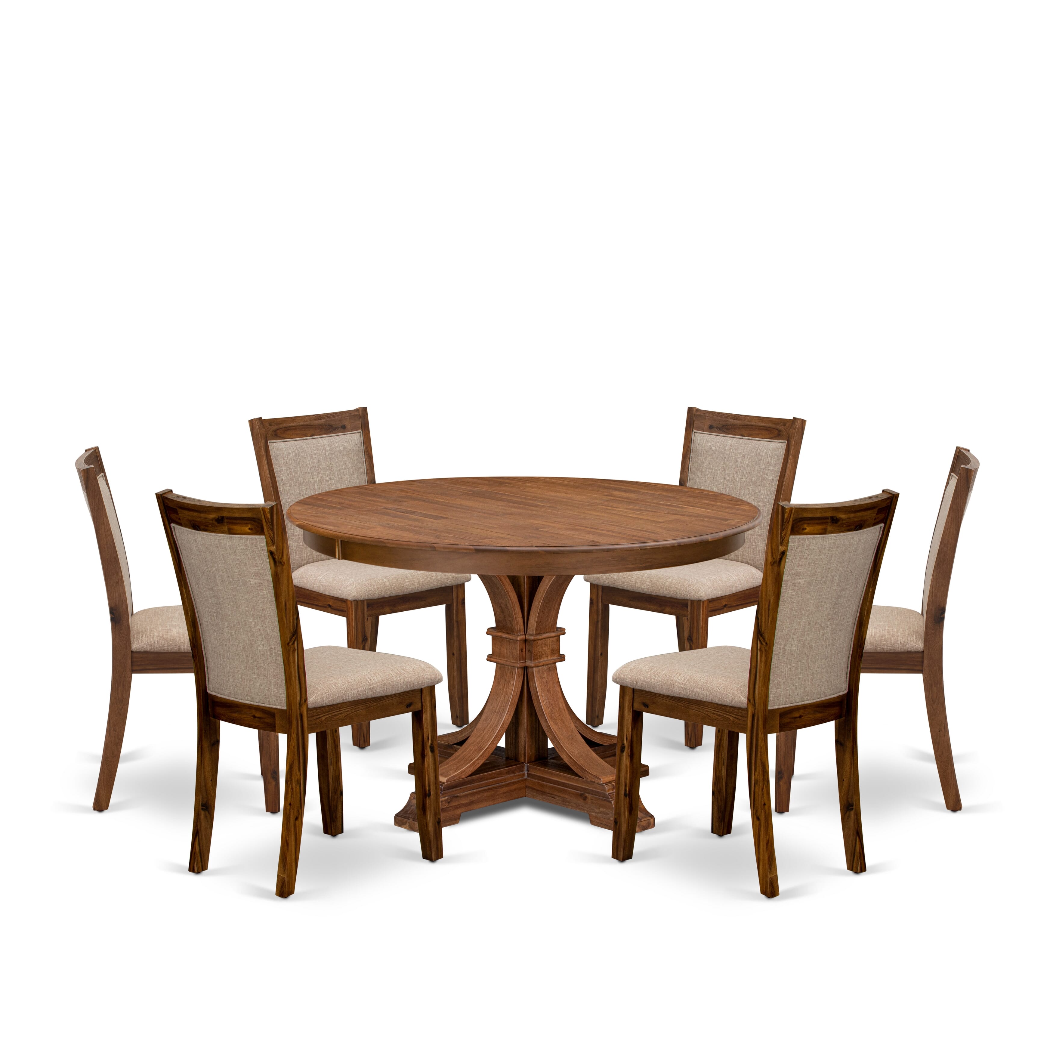 Luxe by East West Furniture F7MZ7-40N-04 7-Pc Kitchen Set consists of a Pedestal Round Table and 6 Light Tan Linen Fabric Dining Chairs with Padded Back- Antique Walnut Finish