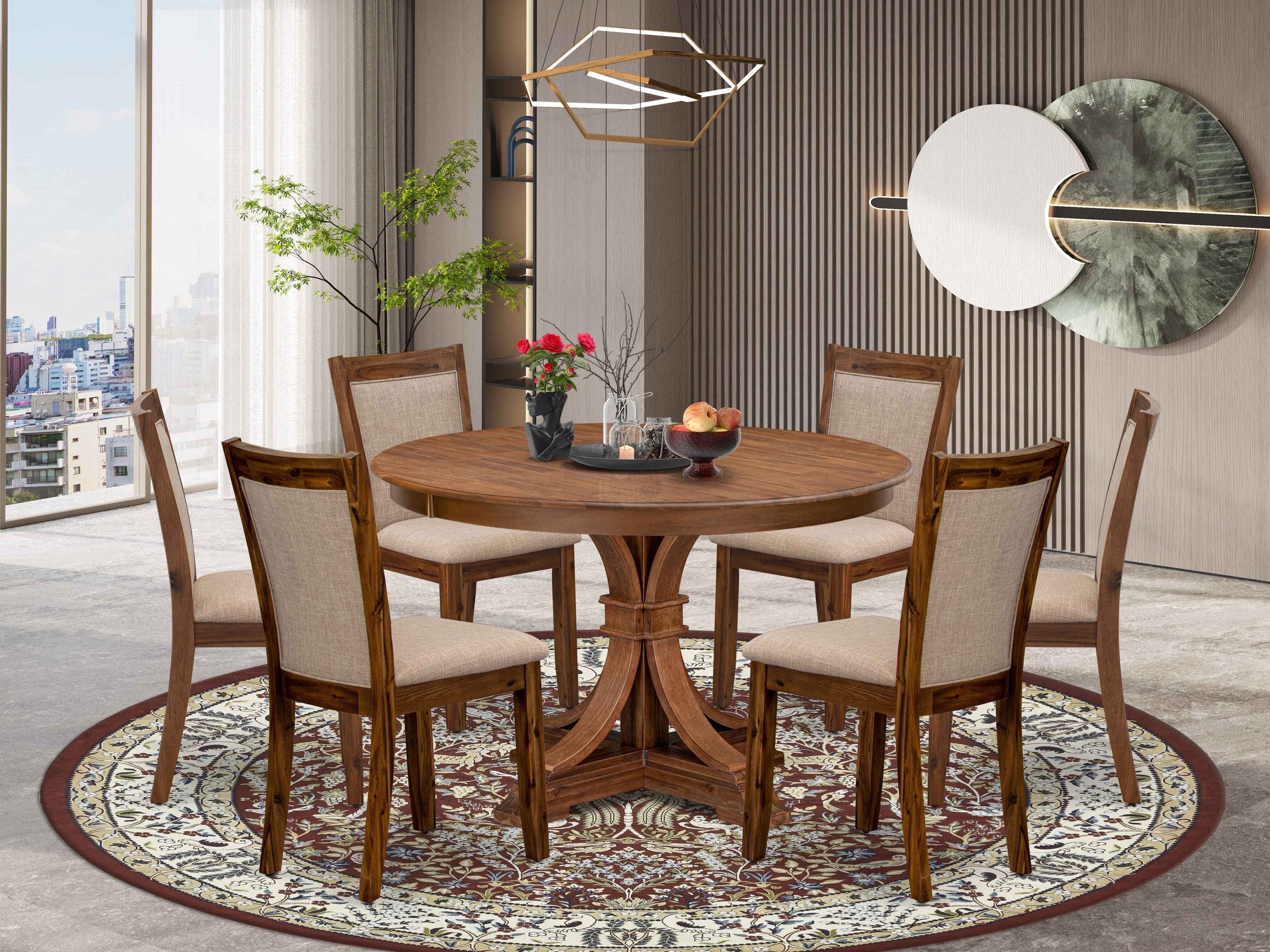 Luxe by East West Furniture F7MZ7-40N-04 7-Pc Kitchen Set consists of a Pedestal Round Table and 6 Light Tan Linen Fabric Dining Chairs with Padded Back- Antique Walnut Finish