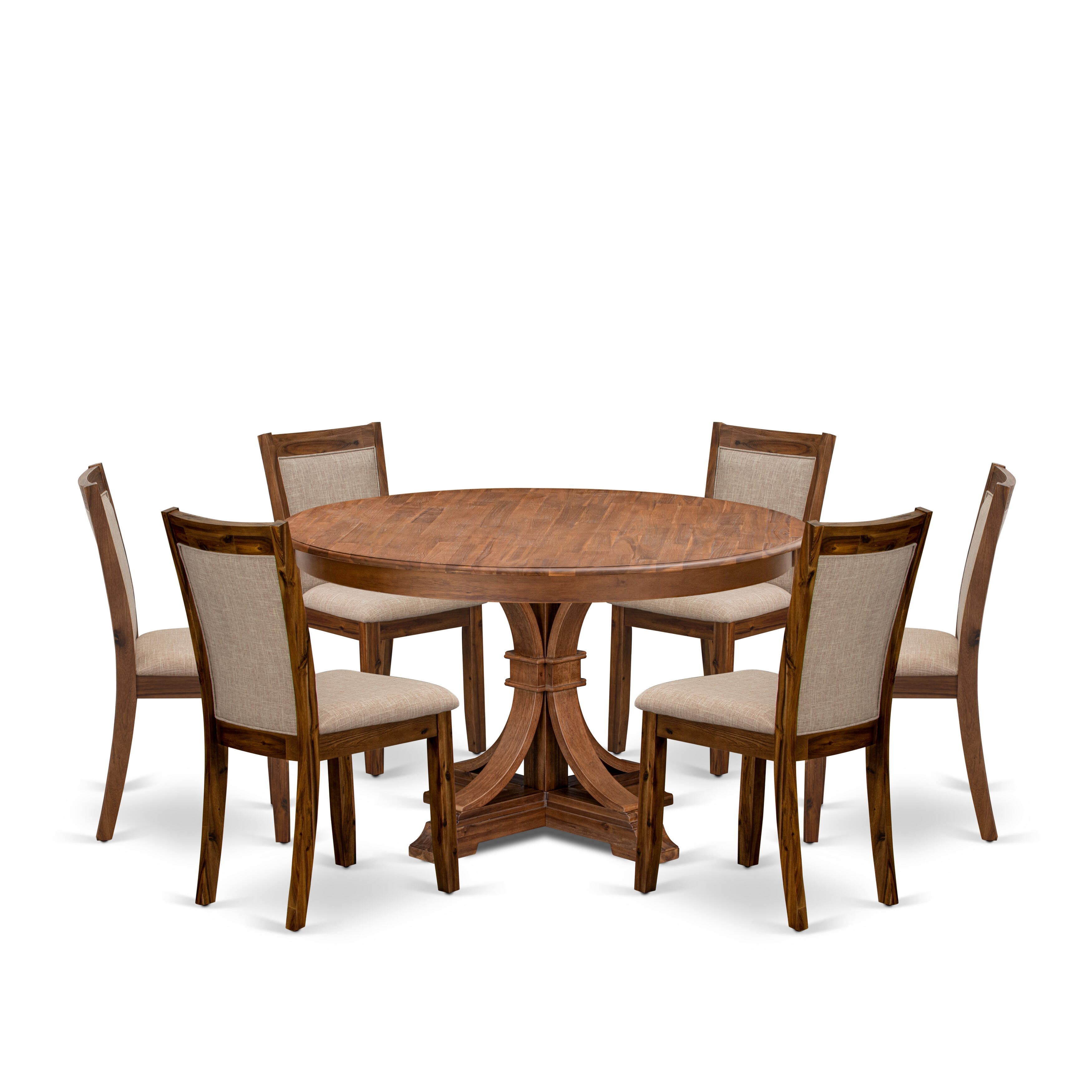 Luxe by East West Furniture F7MZ7-50N-04 7-Pc Kitchen Table Set consists of a Pedestal Kitchen Table and 6 Light Tan Linen Fabric Chairs with Padded Back- Antique Walnut