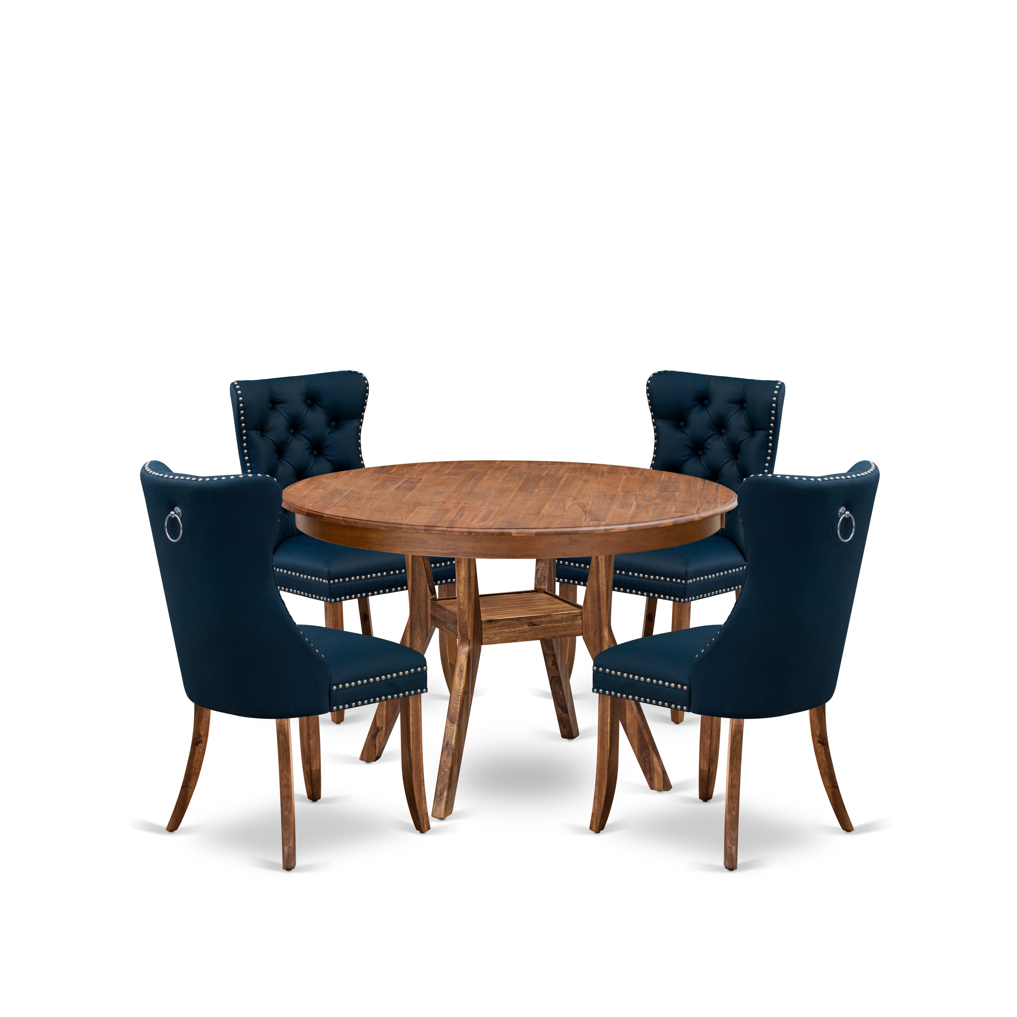 Luxe by East West Furniture F8DA5-40N-29 5-Piece Dining Room Set with Faux Leather 4 Navy Blue Padded chairs, Button-Tufted Backs, and a 48"Round Table in Antique Walnut Finish.