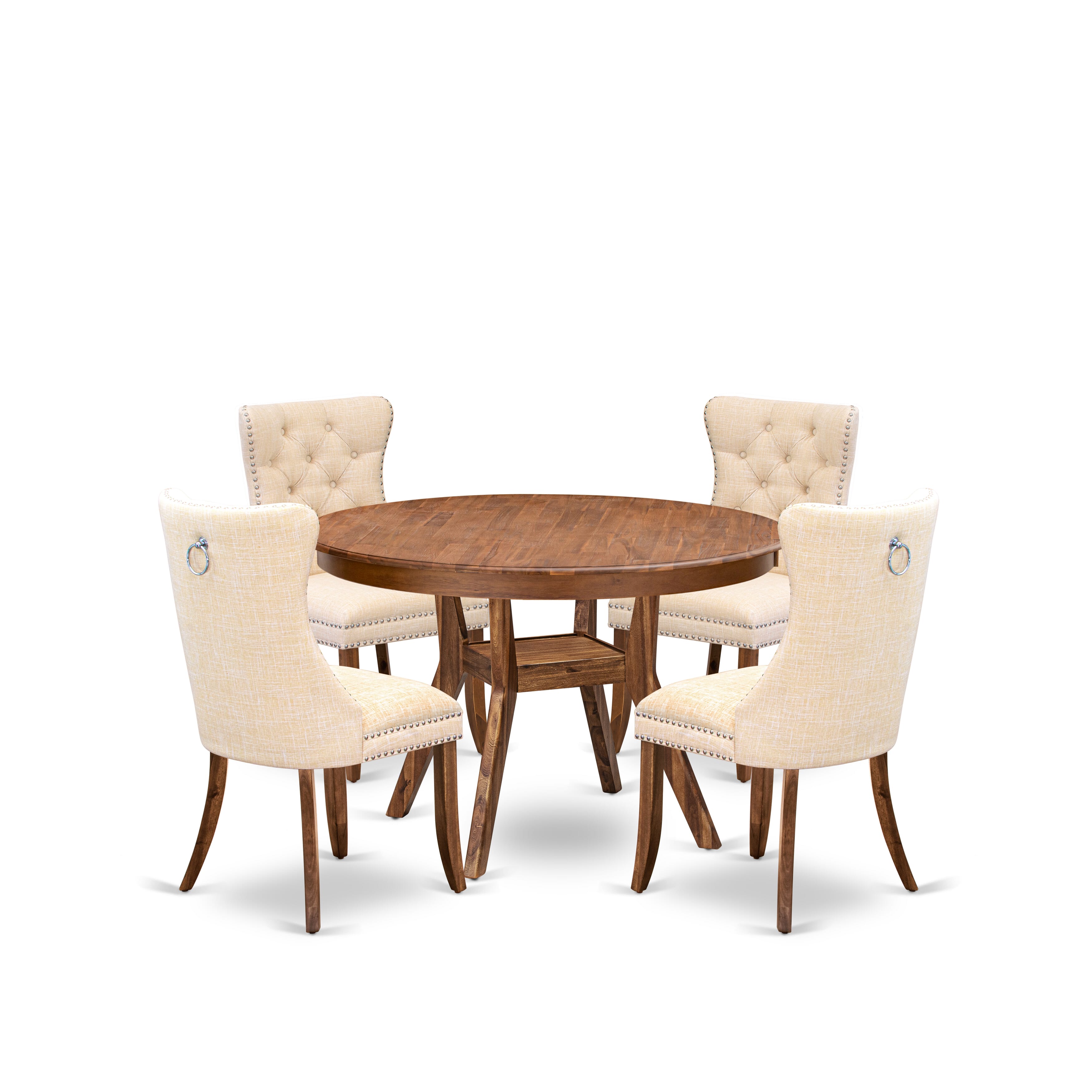 Luxe by East West Furniture F8DA5-40N-32 5-Piece Dining Table Set with Linen Fabric 4 Light Beige Kitchen chairs, Button-Tufted Backs, and a 48"Round Kitchen Table in Antique Walnut Finish.