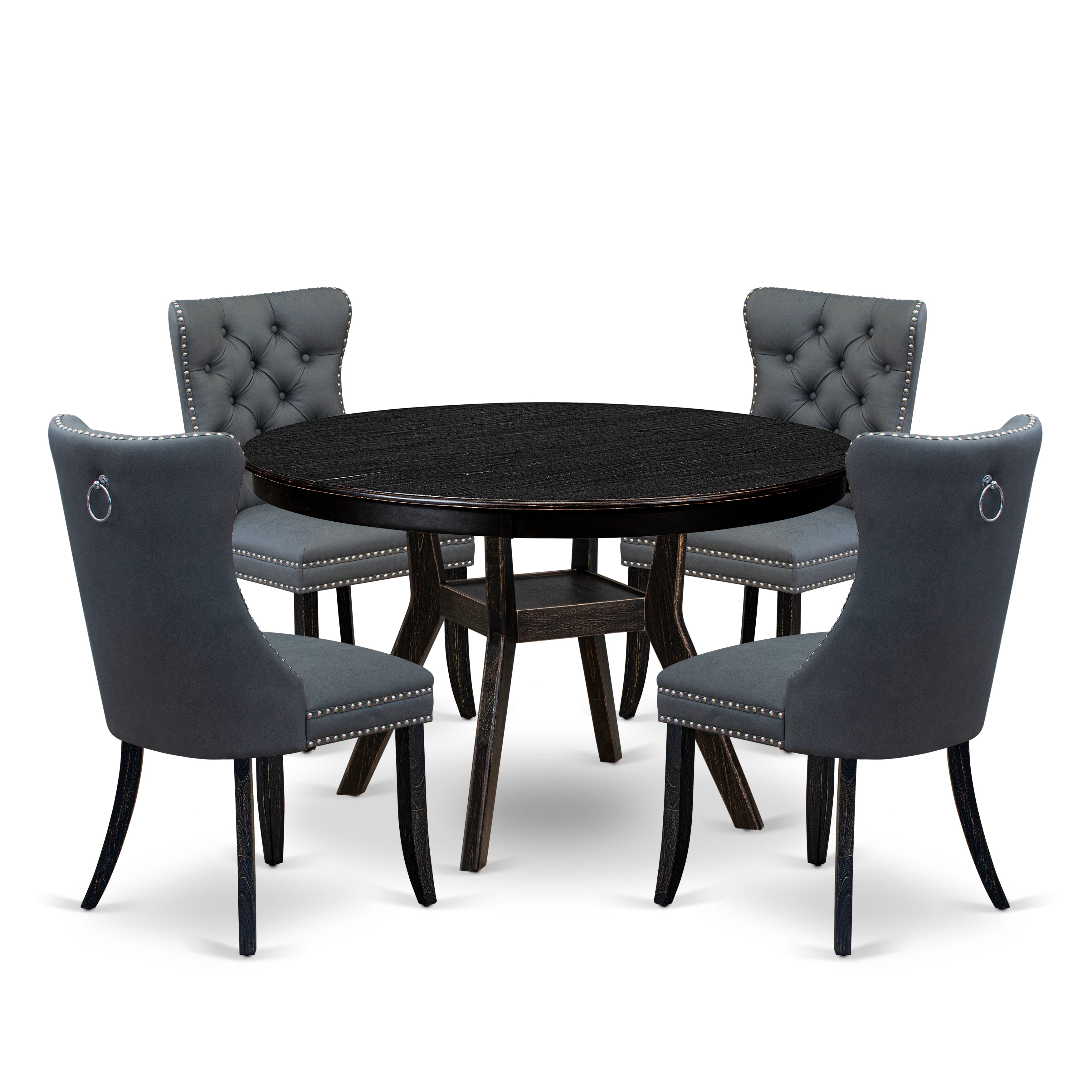 Luxe by East West Furniture F8DA5-411-13 5-piece Mid Century Kitchen Set with Faux Leather 4 Platinum Gray kitchen chairs, Button-Tufted Backs, and a 48"Round Table in Sand Blasted Black Finish.