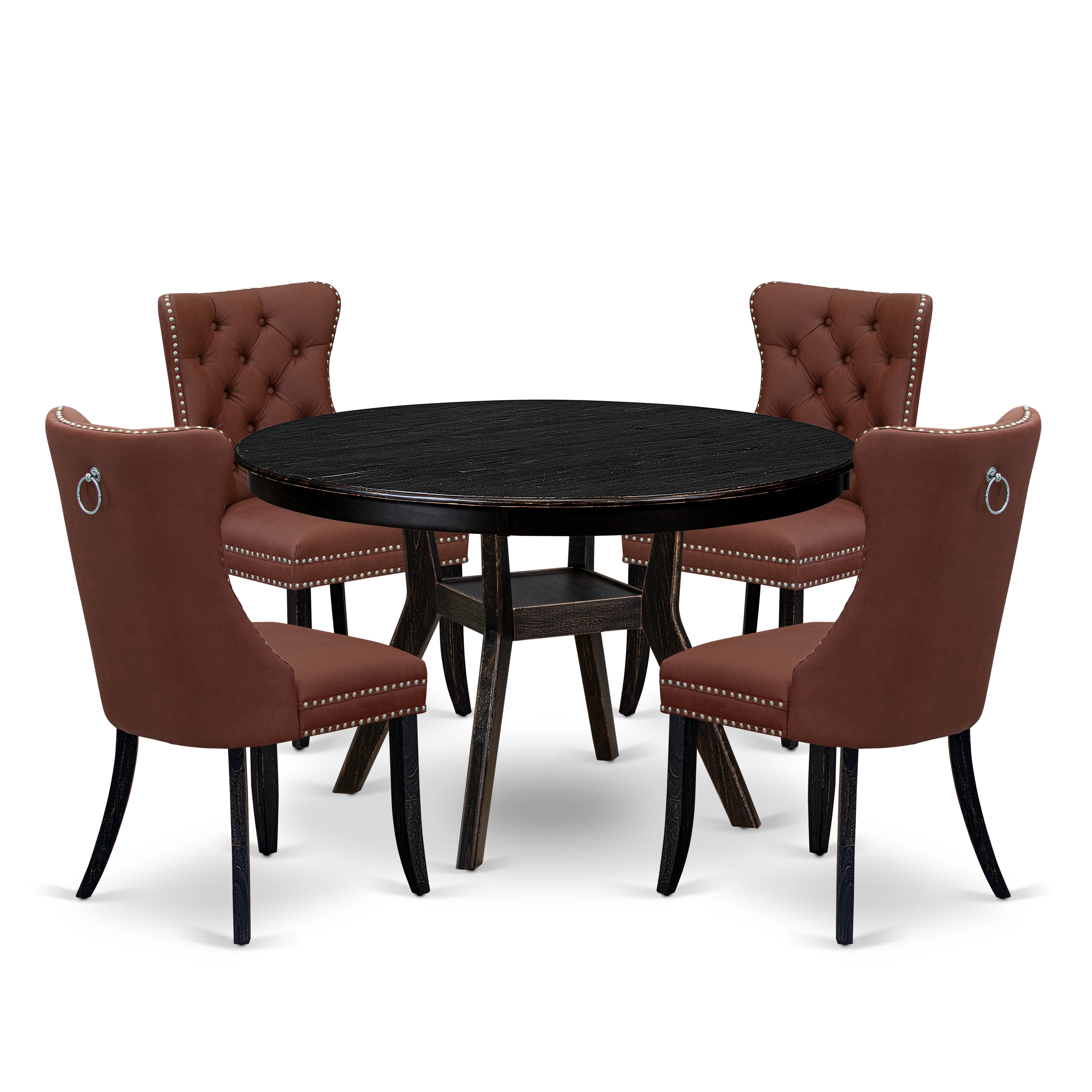 Luxe by East West Furniture F8DA5-411-26 5 Piece Dining Table Set Contains a 48" Round Table with Pedestal and 4 Burgandy Faux Leather Upholstered Chairs, Sand Blasted Black