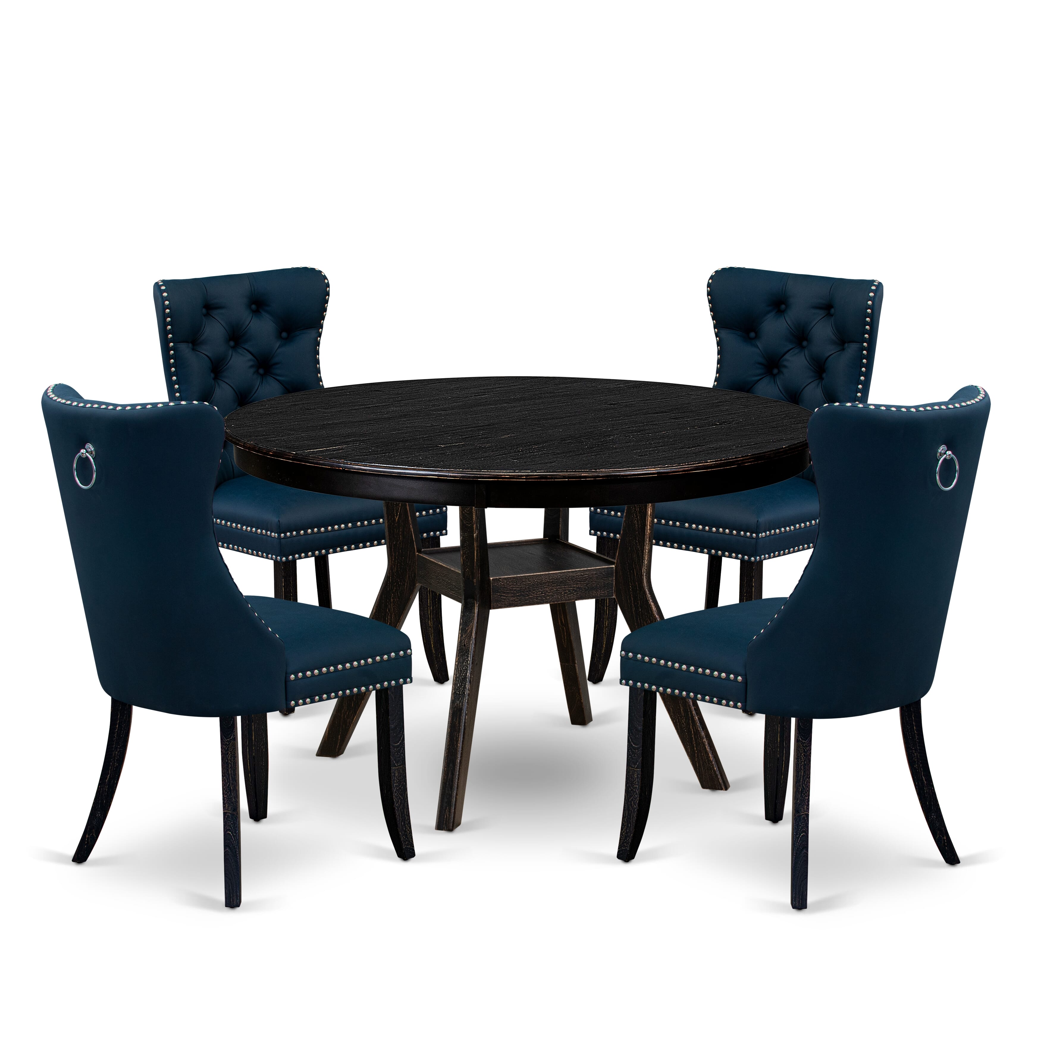 Luxe by East West Furniture F8DA5-411-29 5 Piece Dining Table Set Consists of a 48" Round Table with Pedestal and 4 Navy Blue Faux Leather Parson Chairs, Sand Blasted Black