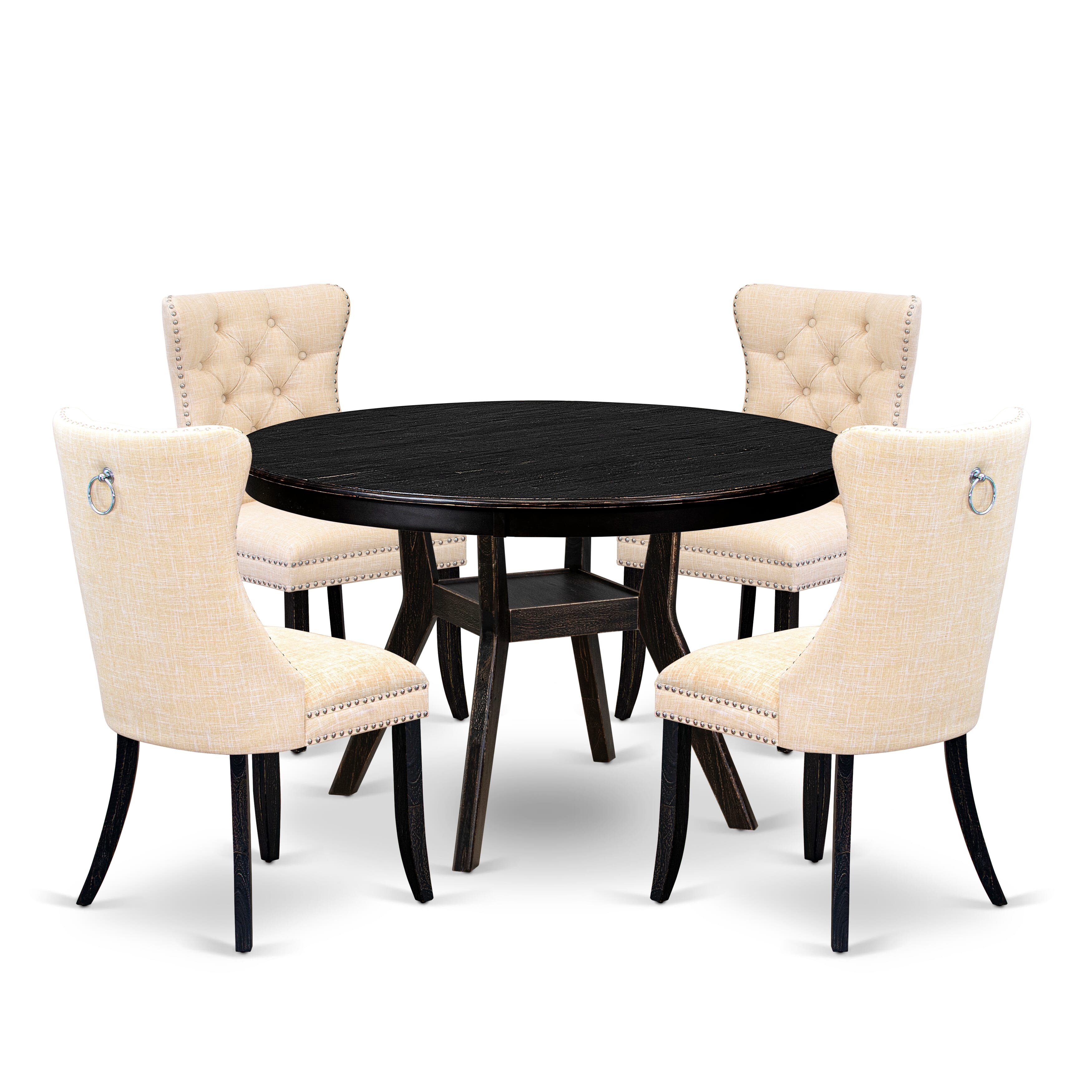 Luxe by East West Furniture F8DA5-411-32 5-pc Dining Table Set included a dinning table and 4 Light Beige Linen Fabric dining chair with Button Tufted Back -Sand Blasted Black