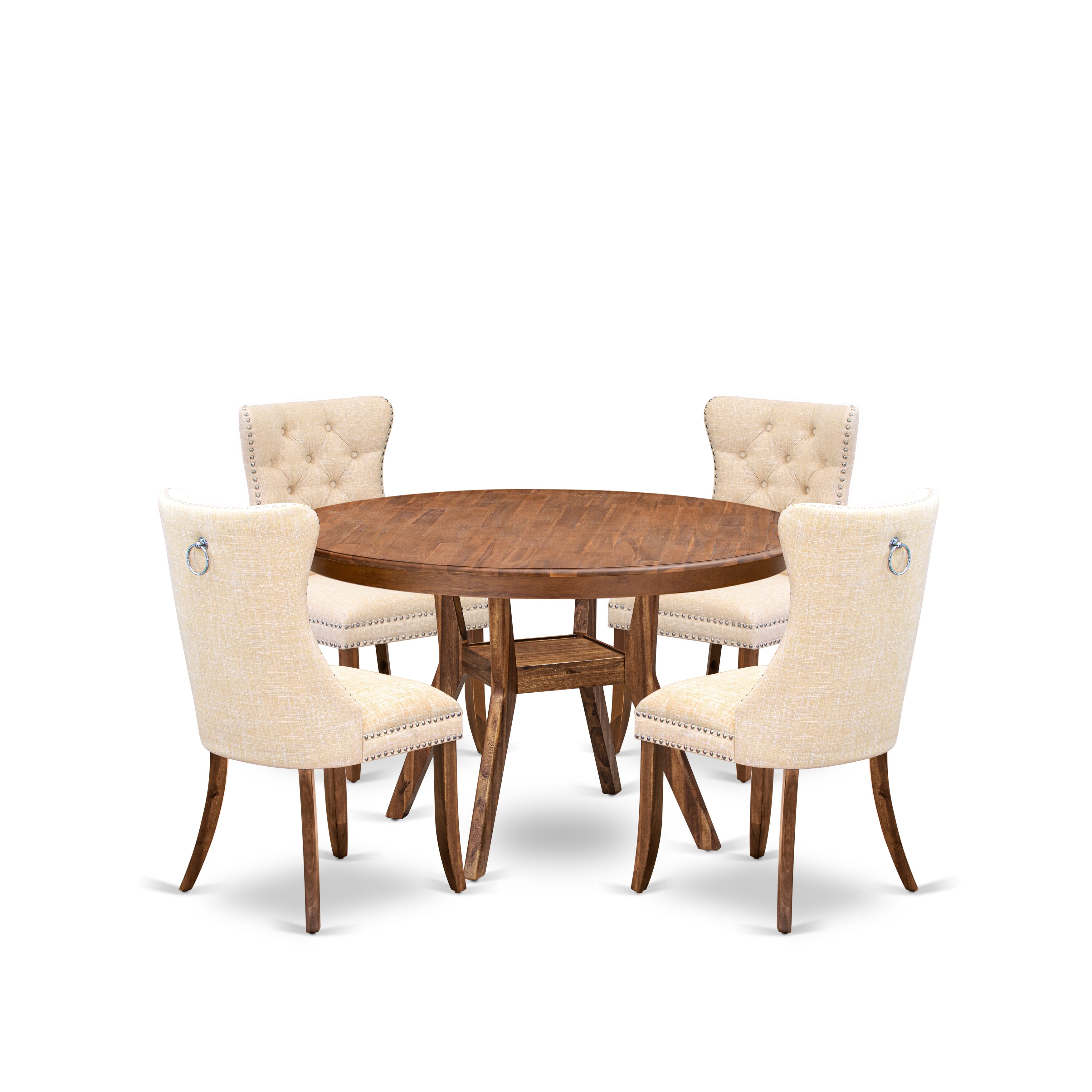 Luxe by East West Furniture F8DA5-50N-32 5-Piece Dining Table Set with Linen Fabric 4 Light Beige upholstered chairs, Button-Tufted Backs, and a 54"Round Table in Antique Walnut Finish.