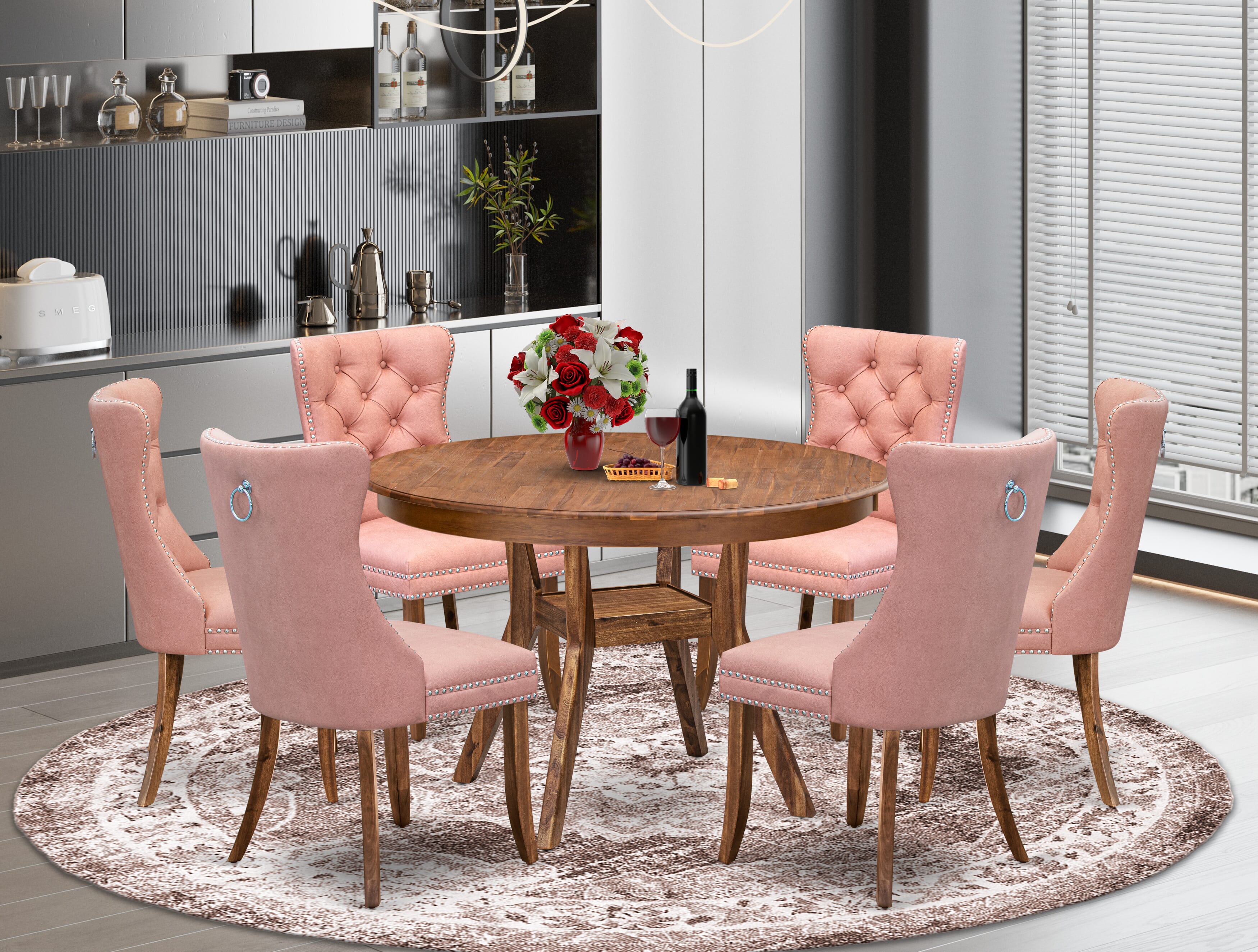 Luxe by East West Furniture F8DA7-40N-23 7-Pc Modern Dining Table Set Include a Modern Table and 6 Beige Red Faux Leather Dining Chairs with Button-Tufted Back, Antique Walnut