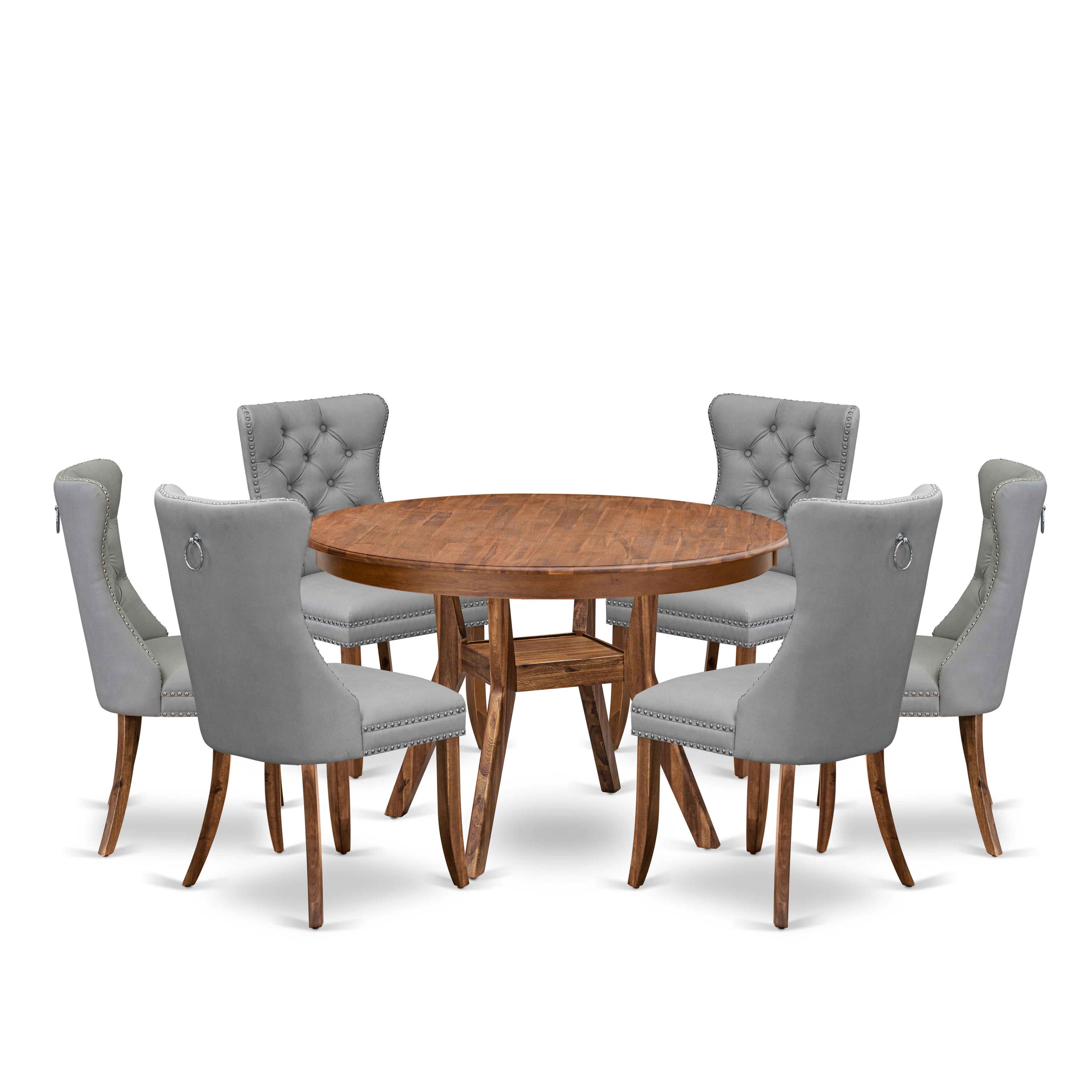 Luxe by East West Furniture F8DA7-40N-27 7-Pc Dinner Table Set Include a Modern Table and 6 Light Gray Faux Leather Upholstered Chairs with Button-Tufted Back, Antique Walnut