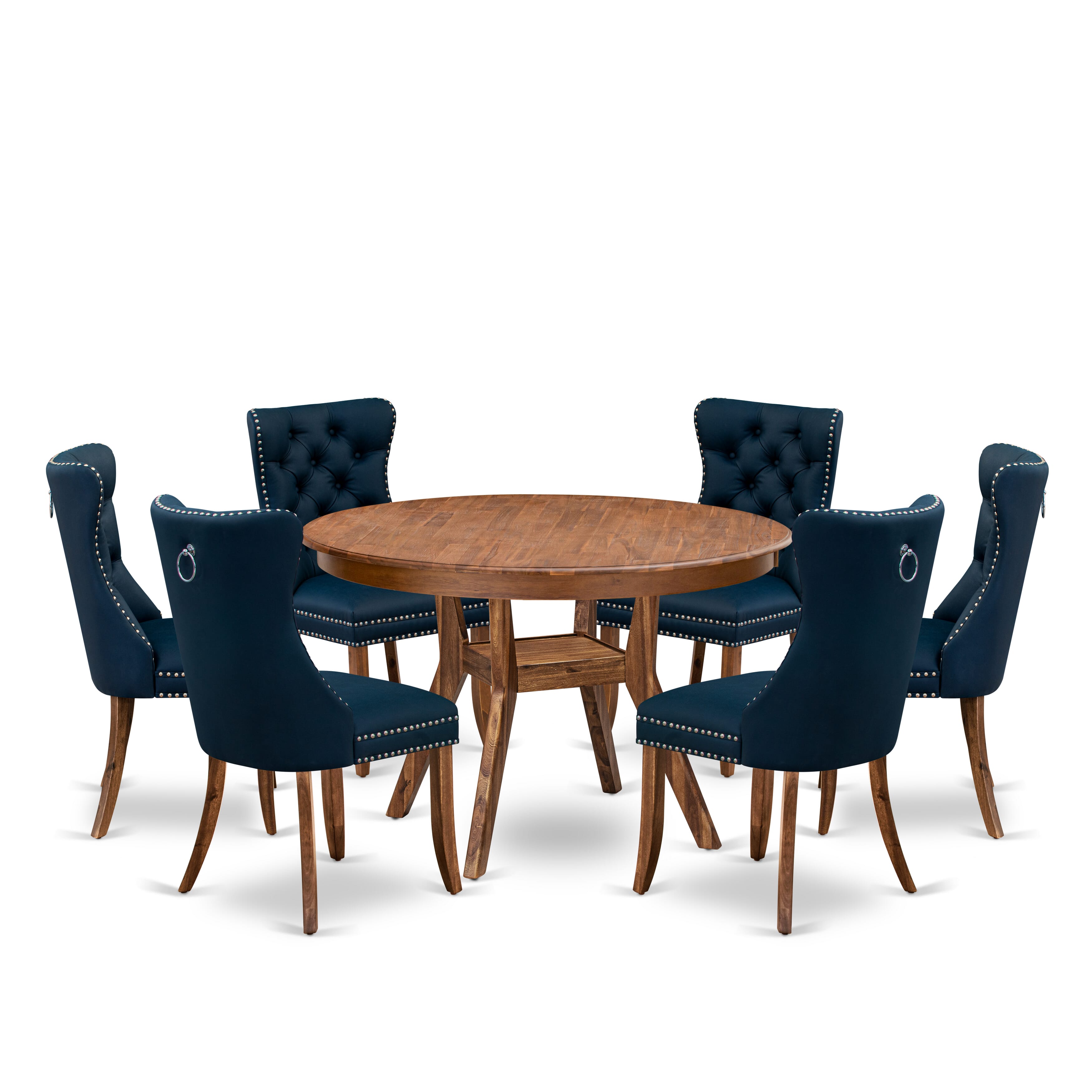 Luxe by East West Furniture F8DA7-40N-29 7-Piece Kitchen Set with Faux Leather 6 Navy Blue Upholstered chairs, Button-Tufted Backs, and a 48"Round Table in Antique Walnut Finish.