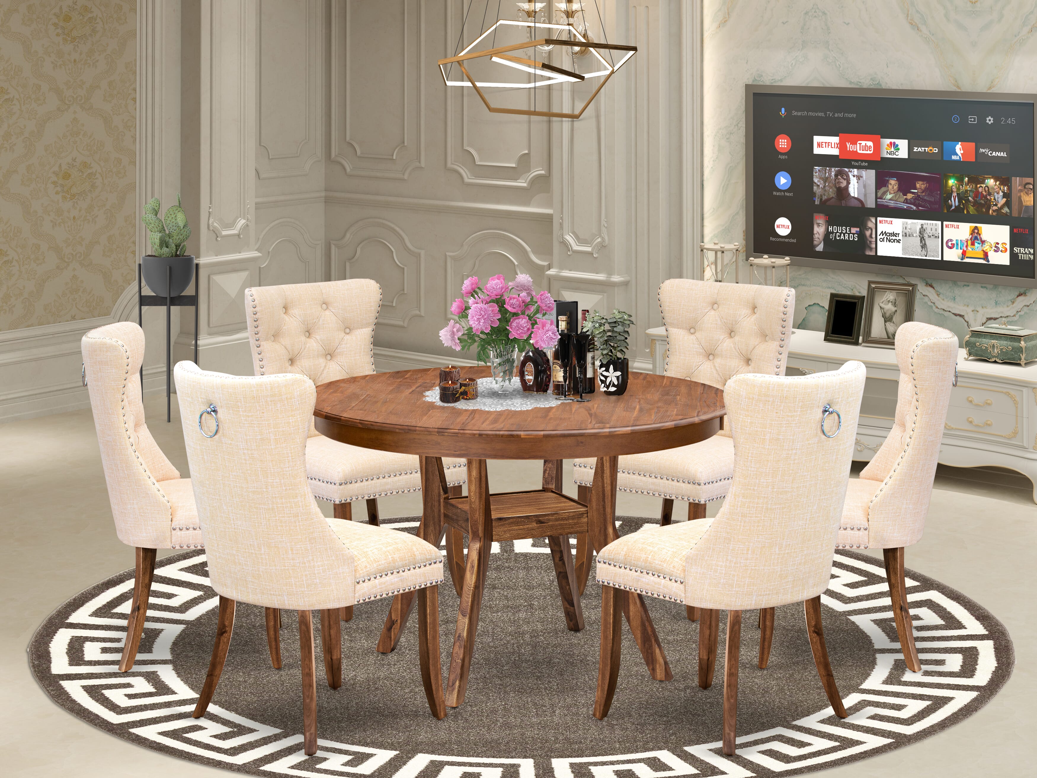 Luxe by East West Furniture F8DA7-40N-32 7-Piece Modern Dining Room Set with Linen Fabric 6 Light Beige padded dining chairs, Button-Tufted Backs, and a 48"Round Kitchen Table in Antique Walnut Finish.