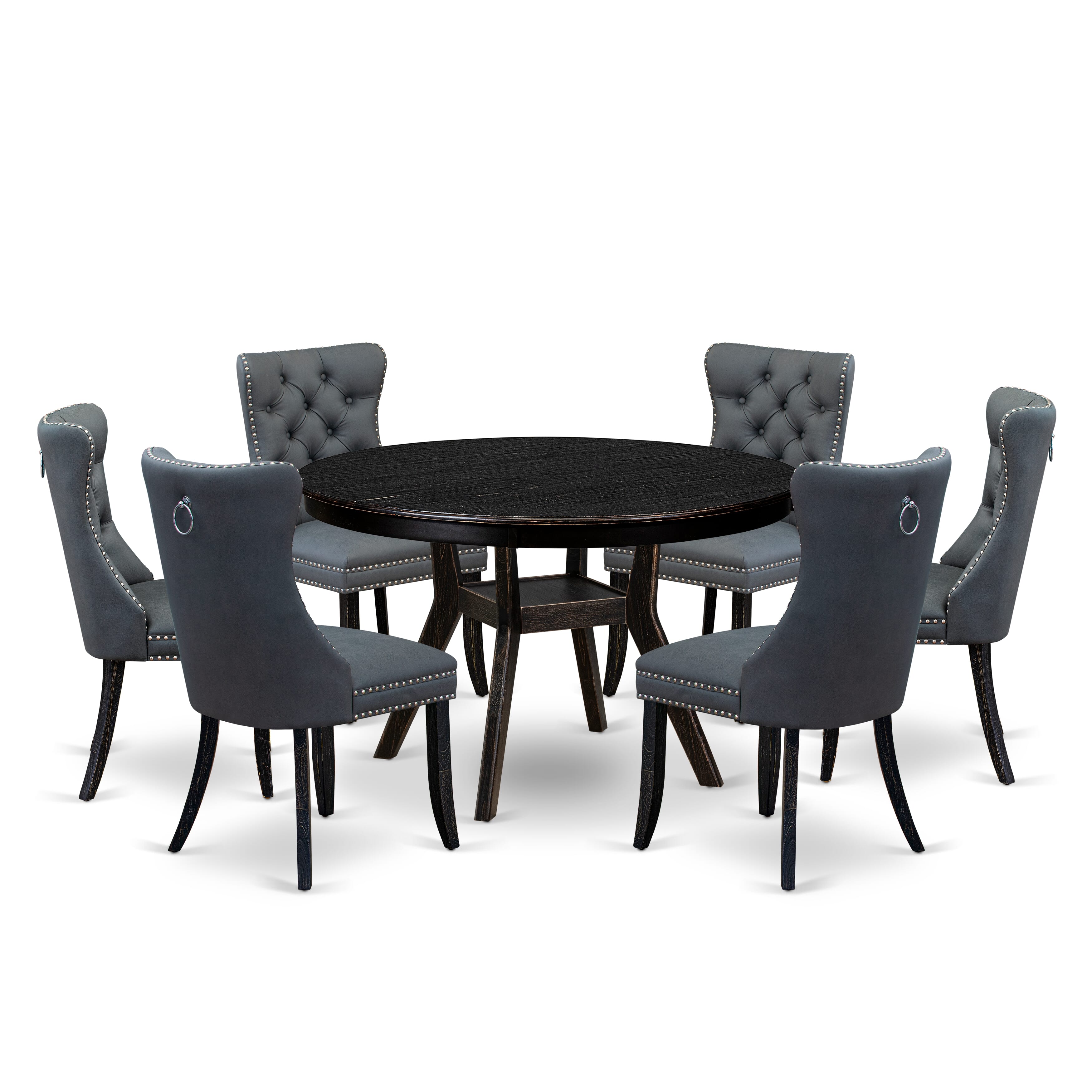 Luxe by East West Furniture F8DA7-411-13 7-piece Dining Set with Faux Leather 6 Platinum Gray upholstered dining chairs, Button-Tufted Backs, and a 48"Round Table in Sand Blasted Black Finish.
