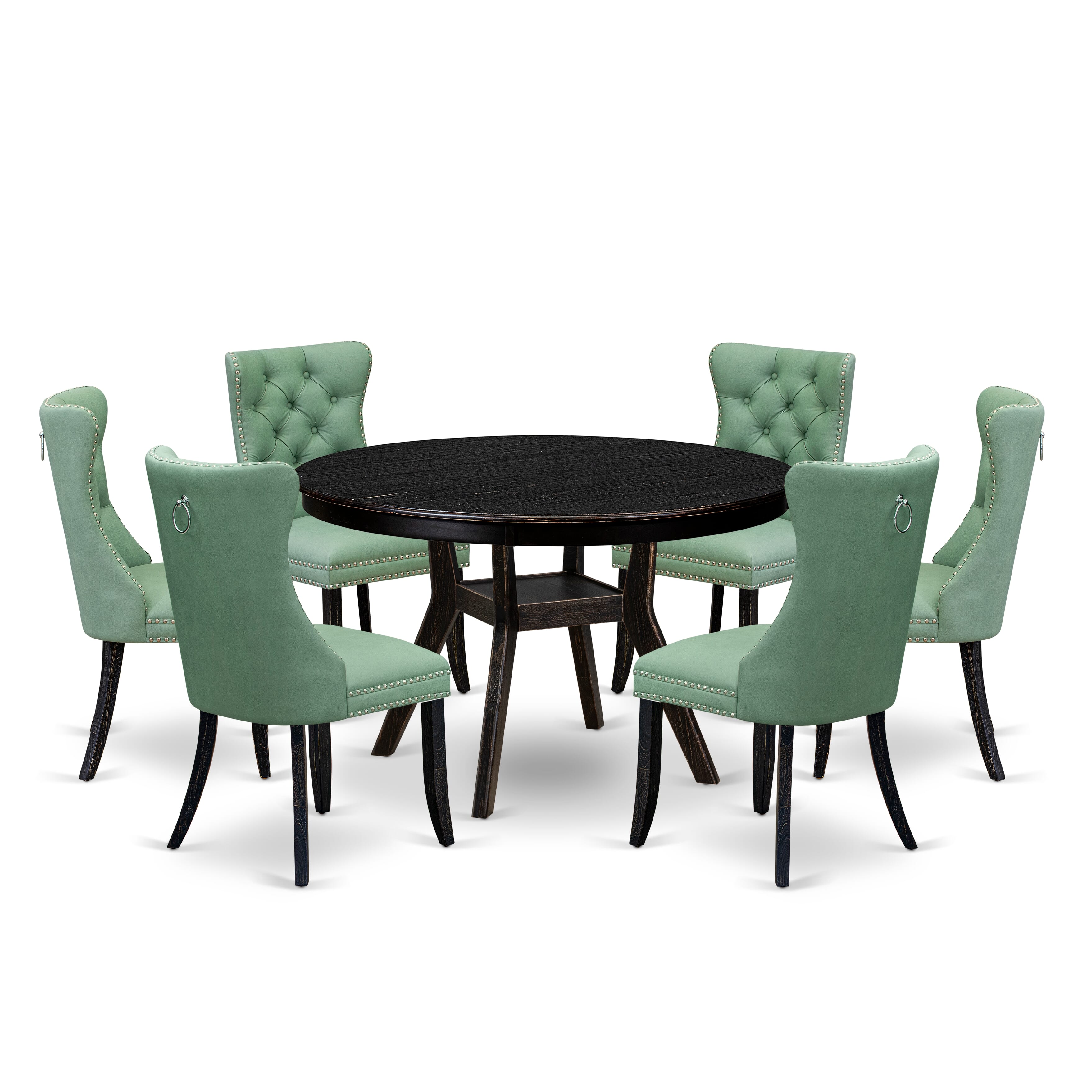 Luxe by East West Furniture F8DA7-411-22 7 Piece Dinette Set Contains a 48" Round Table with Pedestal and 6 Willow Green Faux Leather Upholstered Chairs, Sand Blasted Black