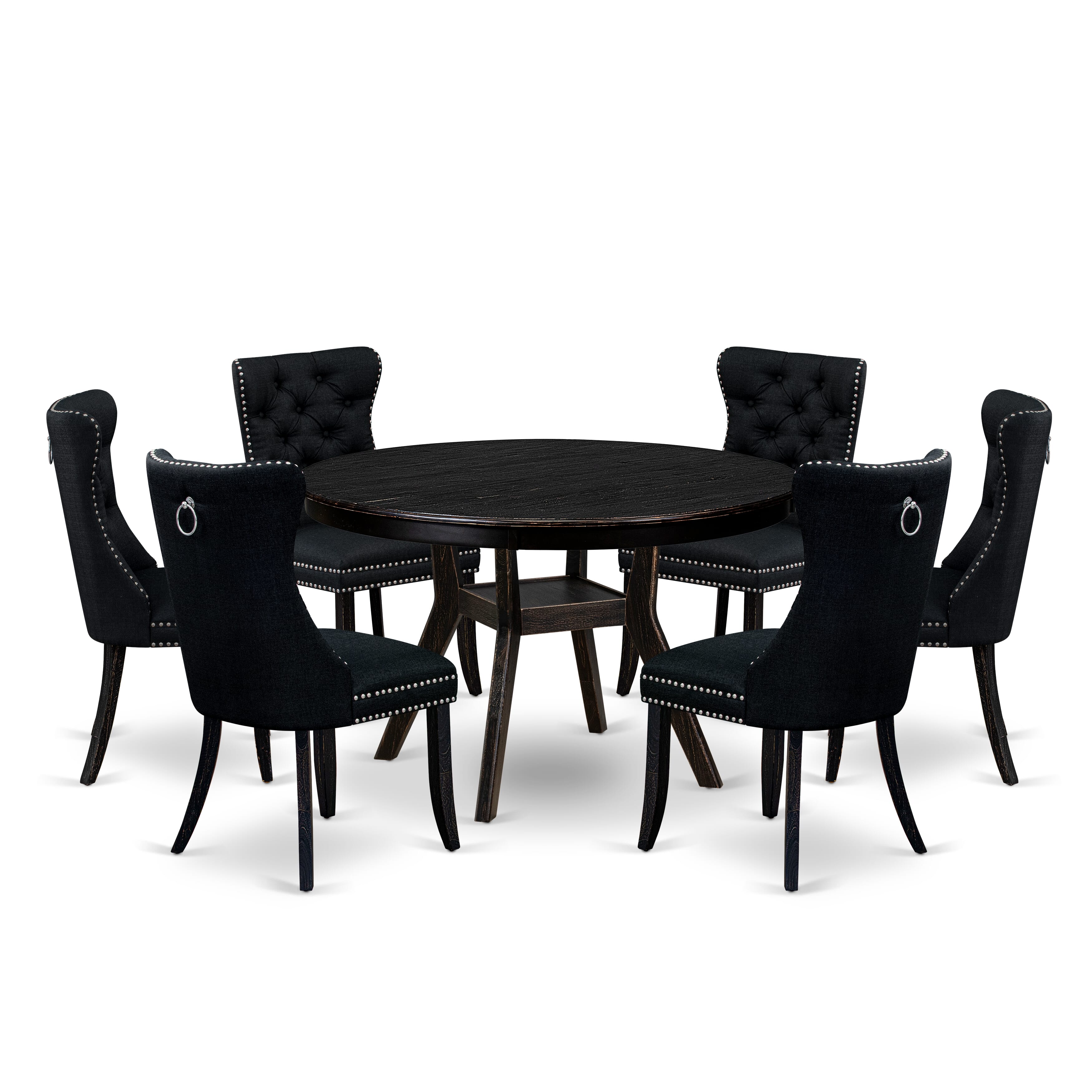 Luxe by East West Furniture F8DA7-411-24 7 Piece Kitchen Table Set Contains a 48" Round Table with Pedestal and 6 Black Linen Fabric Upholstered Chairs, Sand Blasted Black