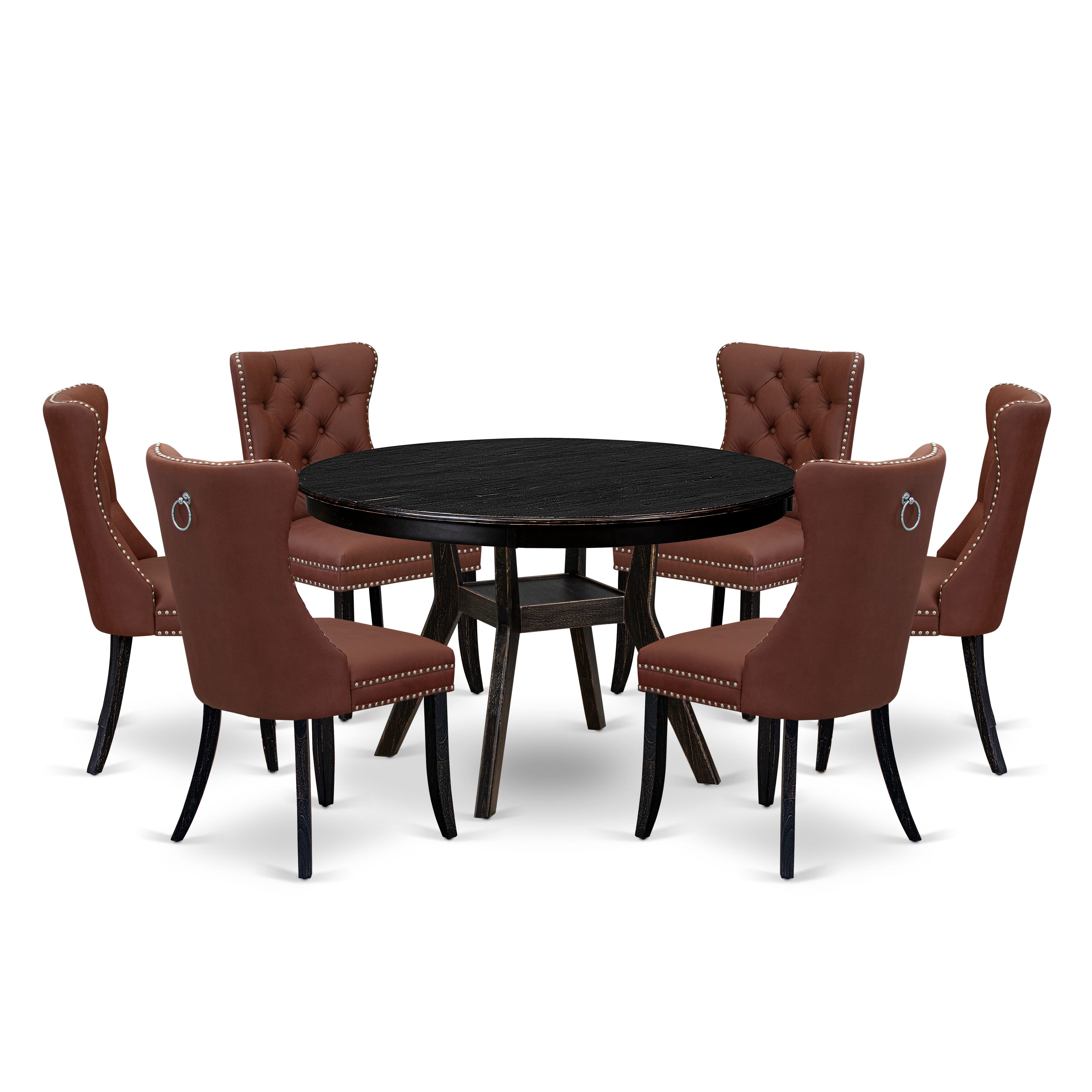 Luxe by East West Furniture F8DA7-411-26 7 Piece Dining Table Set Includes a 48" Round Table with Pedestal and 6 Burgandy Faux Leather Upholstered Chairs, Sand Blasted Black