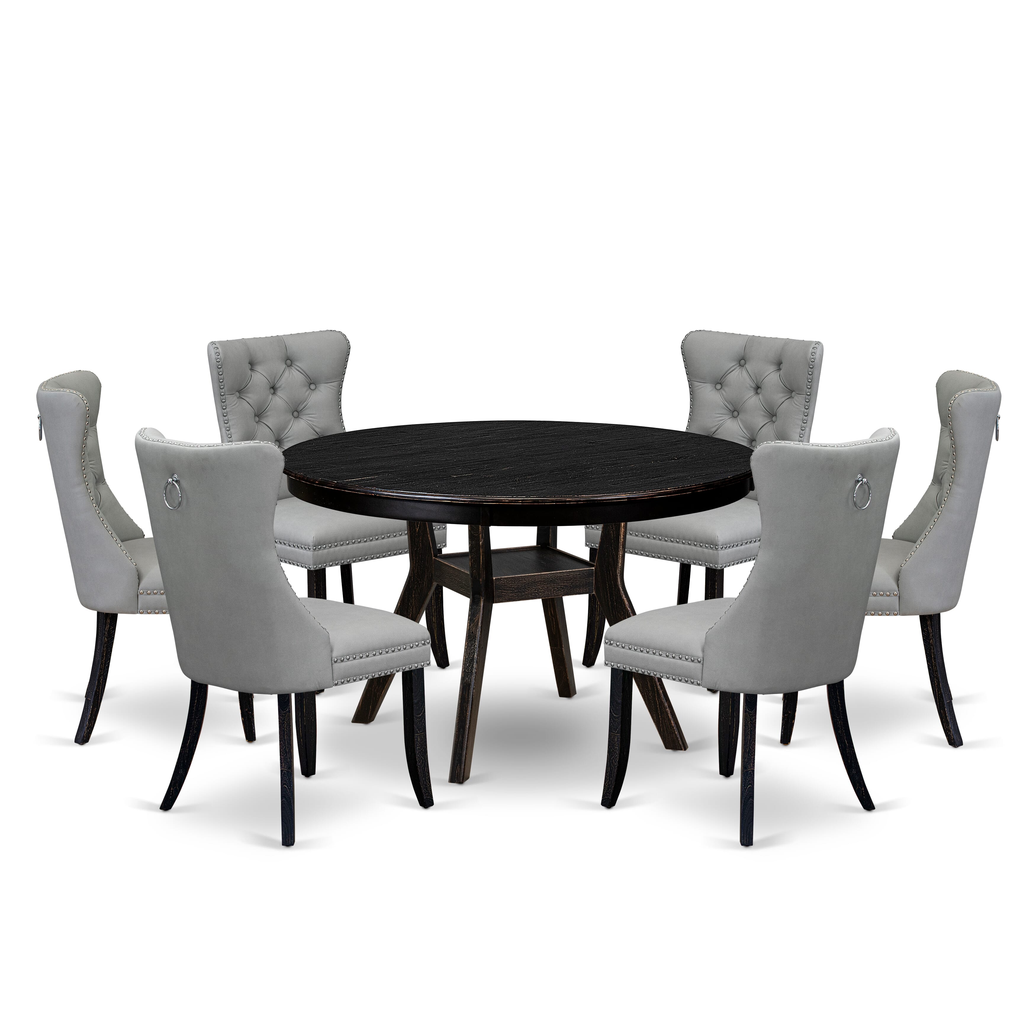 Luxe by East West Furniture F8DA7-411-27 7 Piece Dining Table Set Includes a 48" Round Table with Pedestal and 6 Light Gray Faux Leather Upholstered Chairs, Sand Blasted Black