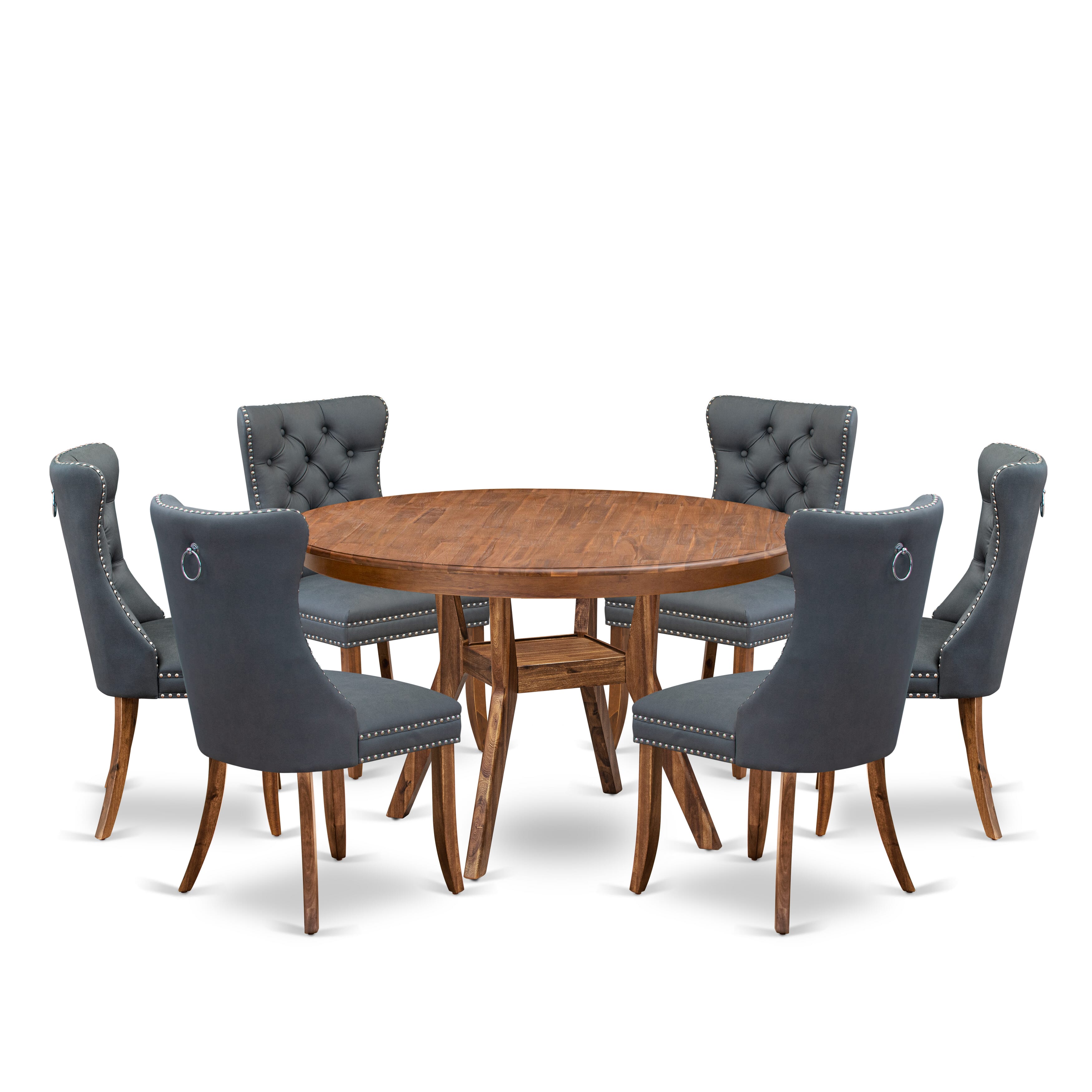 Luxe by East West Furniture F8DA7-50N-13 7-piece Dining table set consists of a Modern Dining Table and 6 Platinum Gray Faux Leather Dining Chairs with Button Tufted Back - Antique Walnut Finish