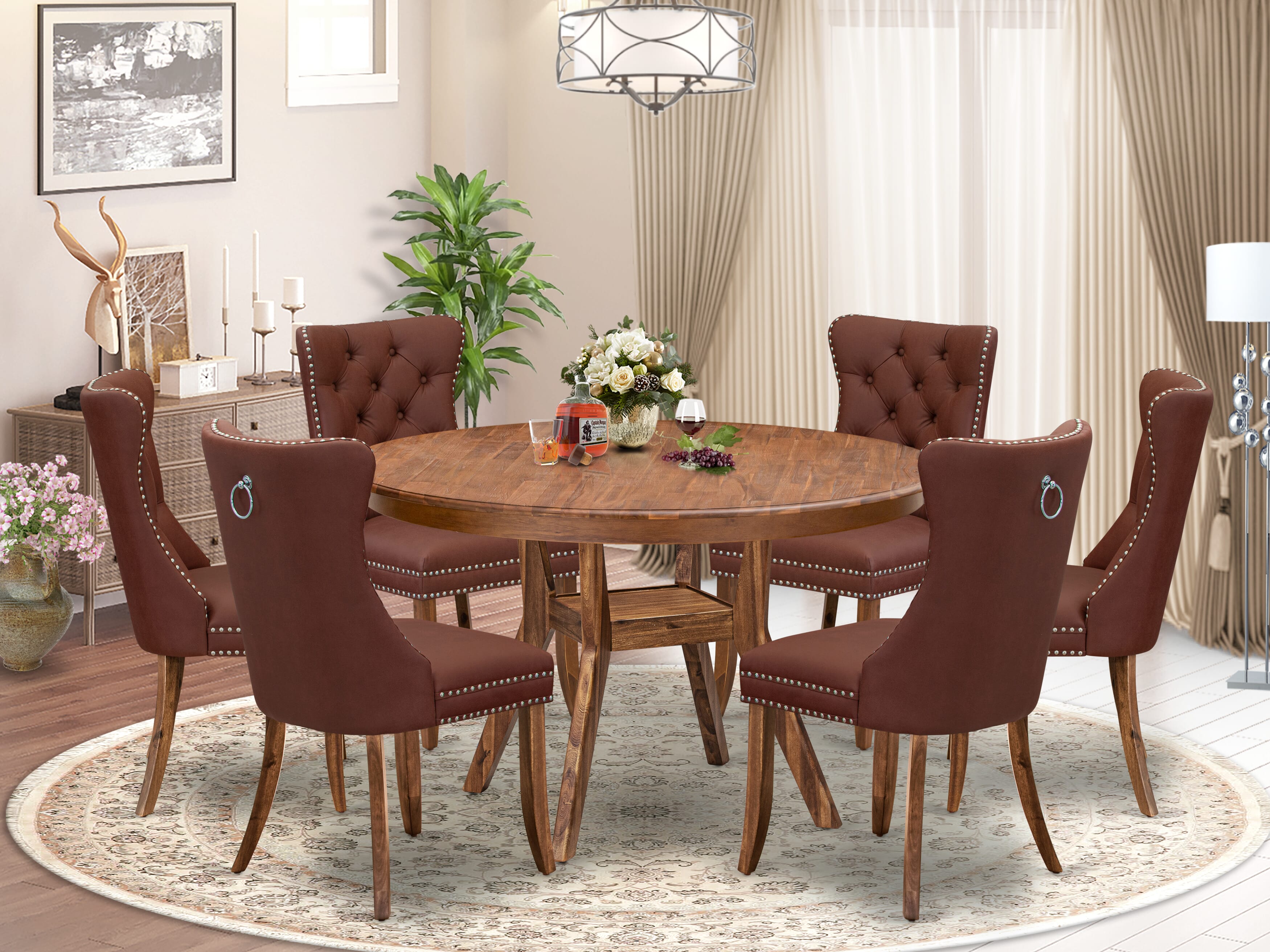 Luxe by East West Furniture F8DA7-50N-26 7-Pc Dinner Table Set Consist a Dinner Table and 6 Burgundy Faux Leather Padded Chairs with Button-Tufted Back, Antique Walnut