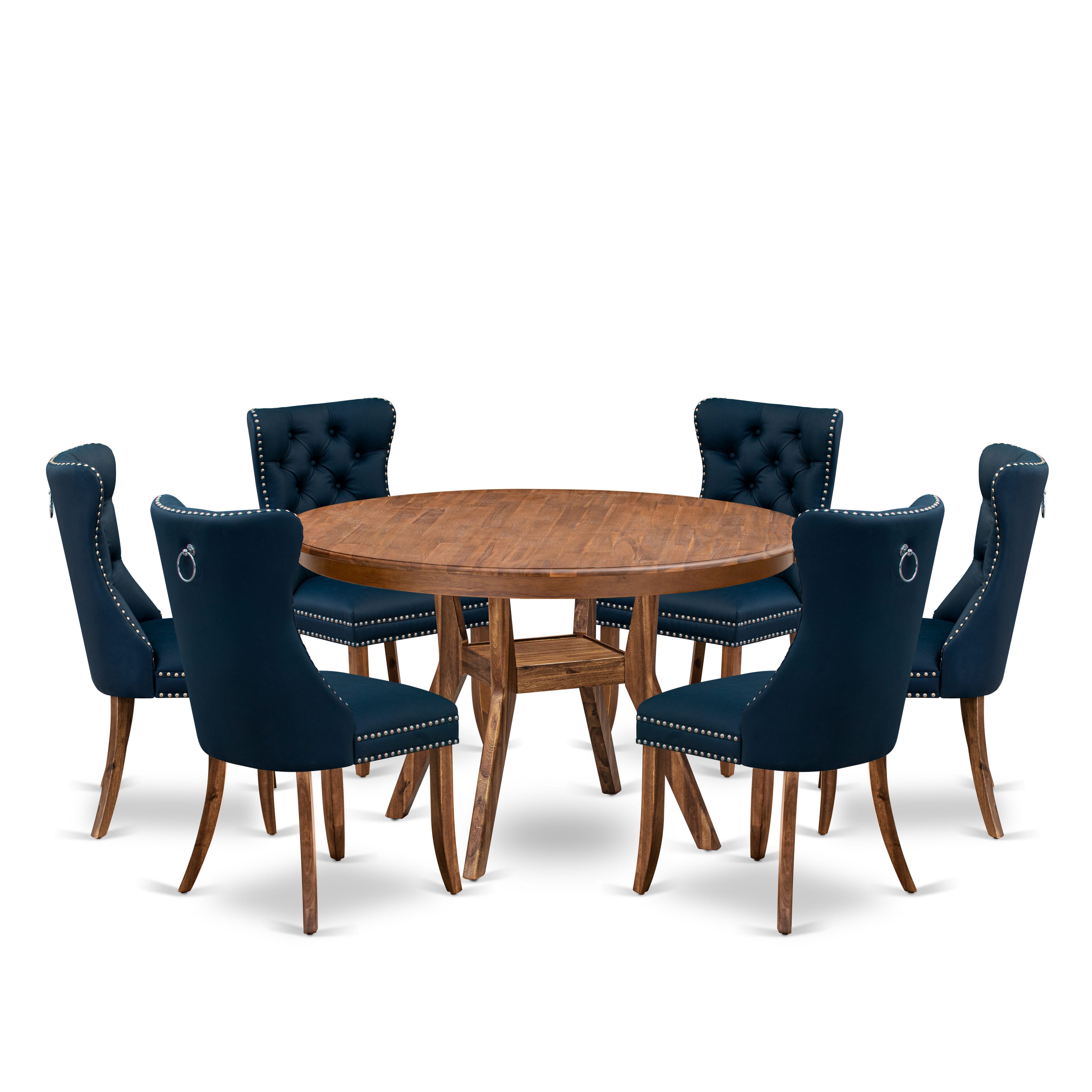 Luxe by East West Furniture F8DA7-50N-29 7-Pc Modern Dining Set Consist a Dinner Table and 6 Navy Blue Faux Leather Parson Chairs with Button-Tufted Back, Antique Walnut