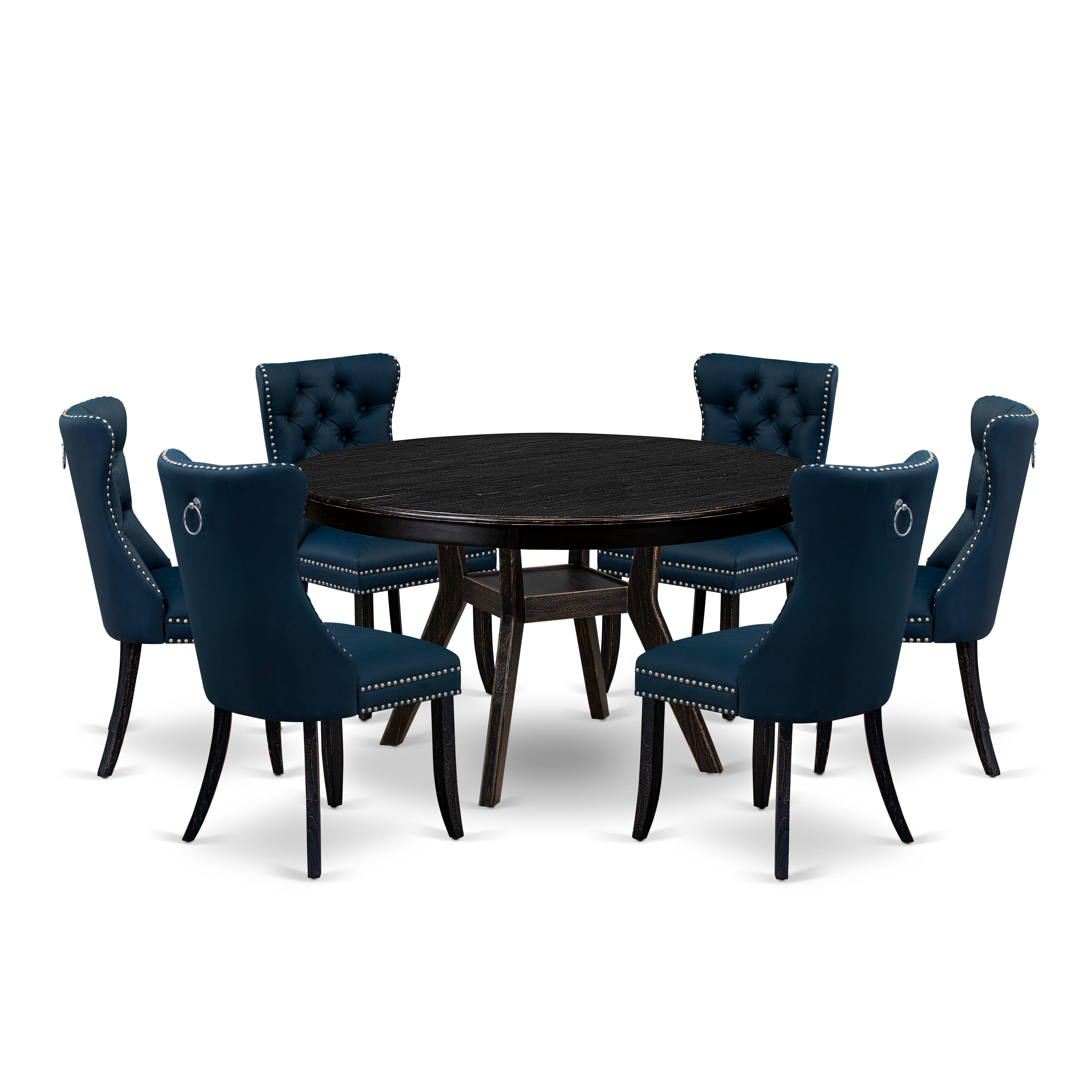 Luxe by East West Furniture F8DA7-511-29 7 Piece Dining Table Set Contains a 54" Round Table with Pedestal and 6 Navy Blue Faux Leather Upholstered Chairs, Sand Blasted Black