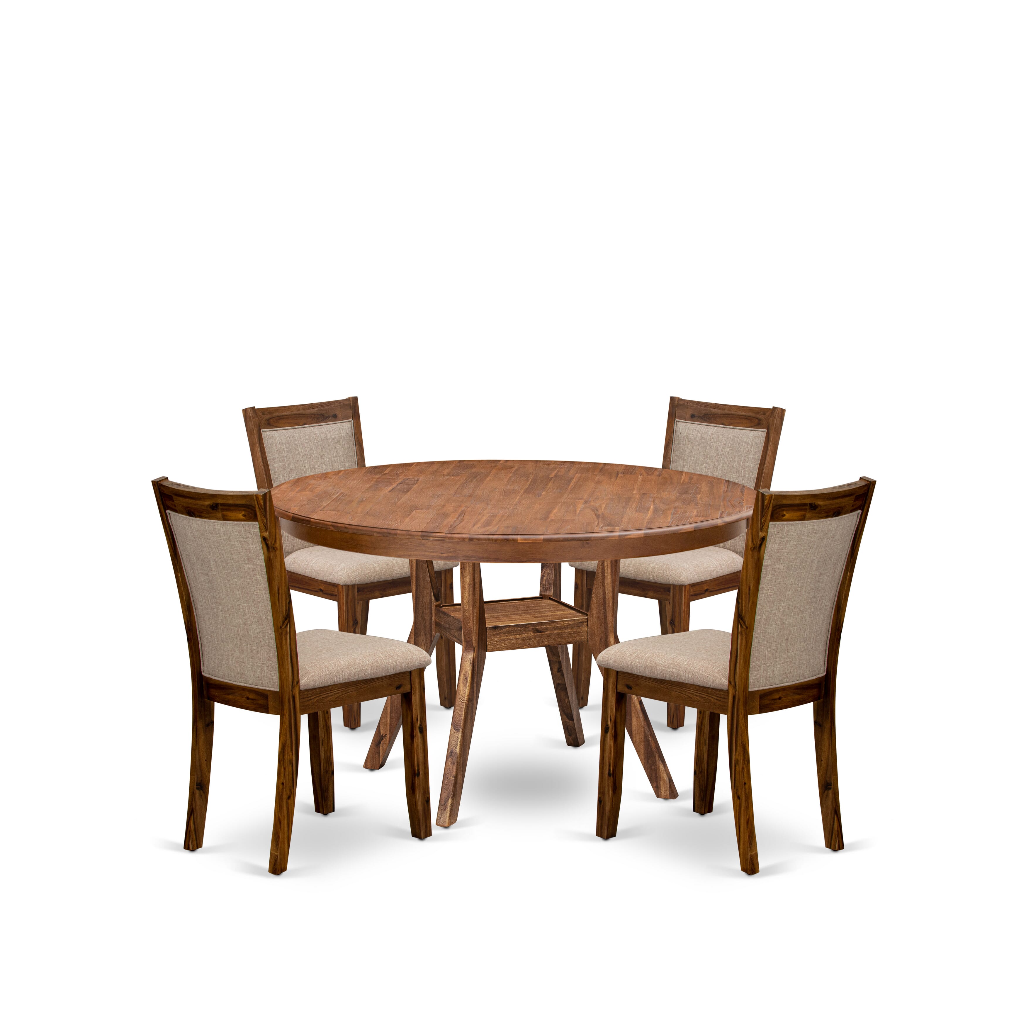 Luxe by East West Furniture F8MZ5-50N-04 5-Pc Modern Dining Set Includes a Pedestal Wooden Table and 4 Light Tan Linen Fabric Dining Chairs with Padded Back- Antique Walnut