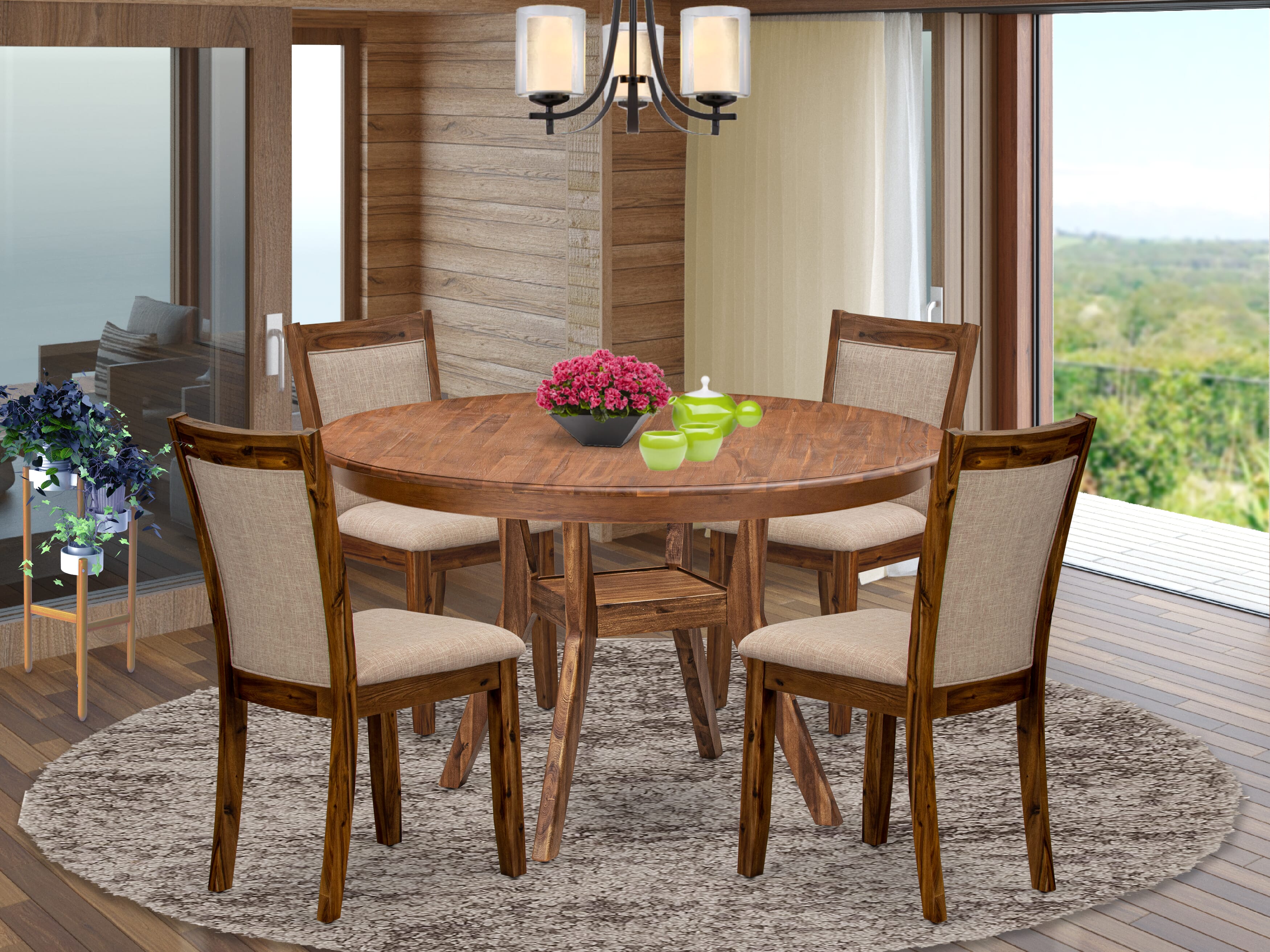 Luxe by East West Furniture F8MZ5-50N-04 5-Pc Modern Dining Set Includes a Pedestal Wooden Table and 4 Light Tan Linen Fabric Dining Chairs with Padded Back- Antique Walnut