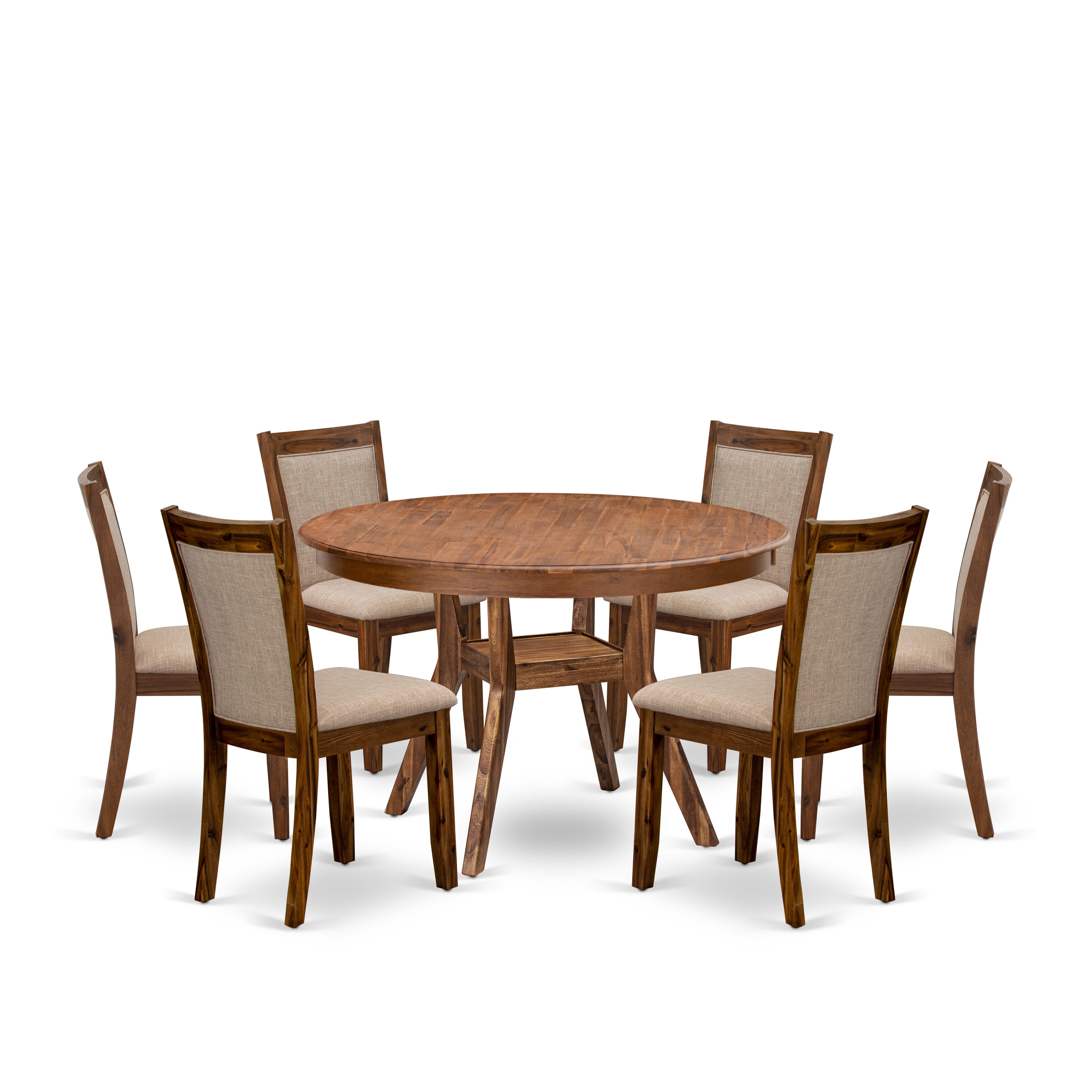 Luxe by East West Furniture F8MZ7-40N-04 7-Pc Dining Set consists of a Pedestal Kitchen Table and 6 Light Tan Linen Fabric Upholstered Chairs with Padded Back- Antique Walnut