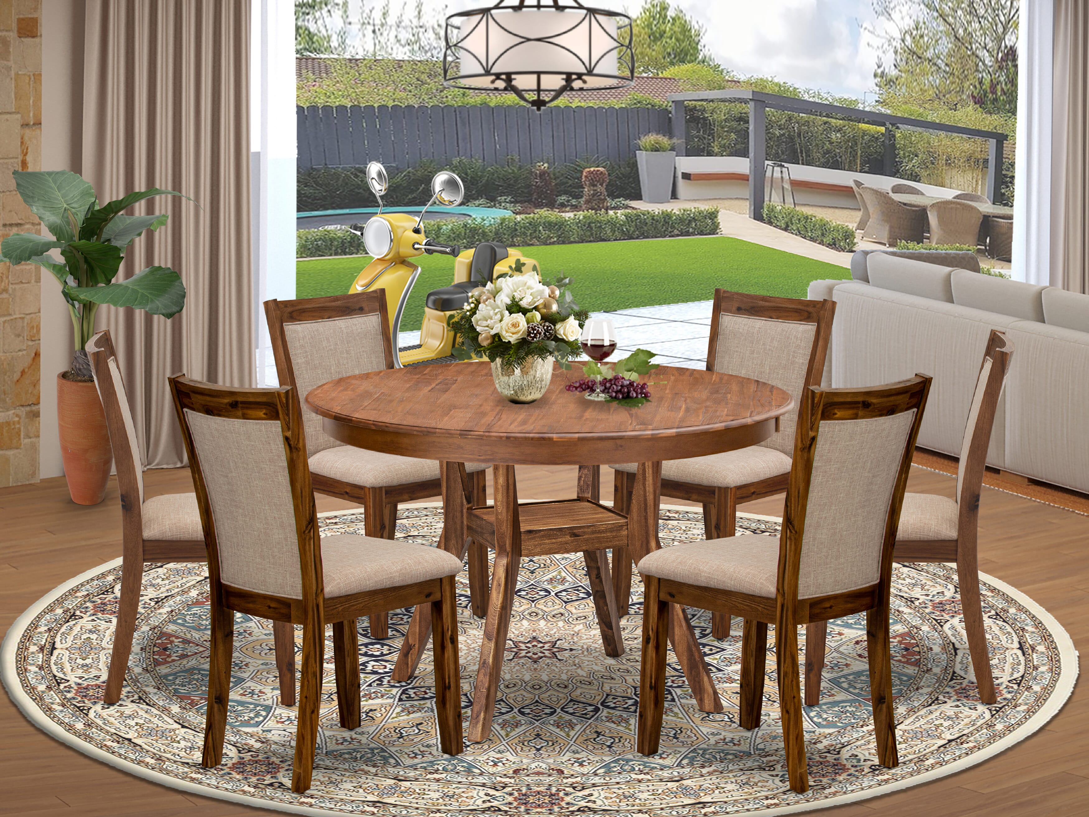 Luxe by East West Furniture F8MZ7-40N-04 7-Pc Dining Set consists of a Pedestal Kitchen Table and 6 Light Tan Linen Fabric Upholstered Chairs with Padded Back- Antique Walnut
