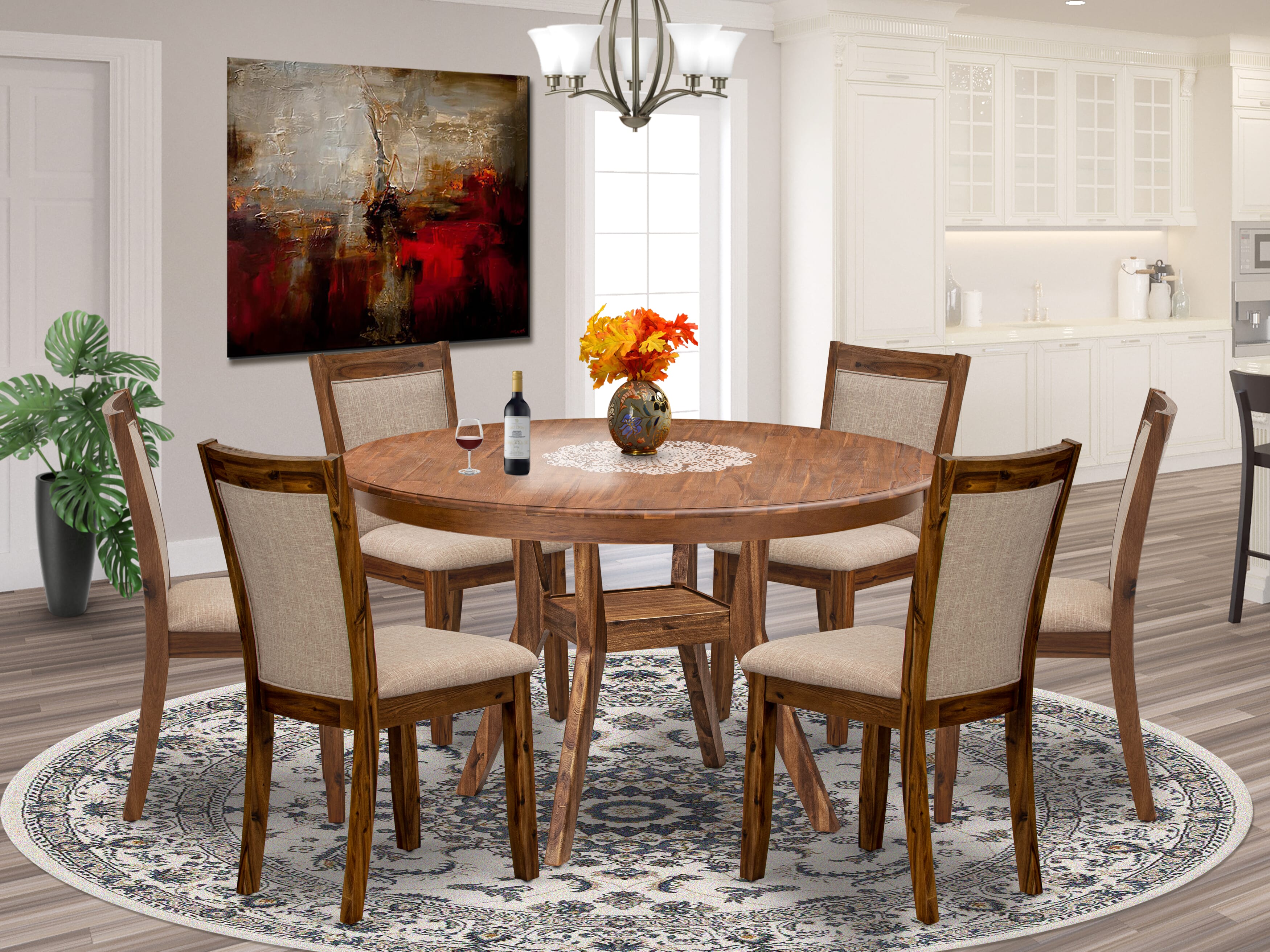 Luxe by East West Furniture F8MZ7-50N-04 7-Pc Kitchen Table Set consists of a Pedestal Breakfast Table and 6 Light Tan Linen Fabric Chairs with Padded Back- Antique Walnut