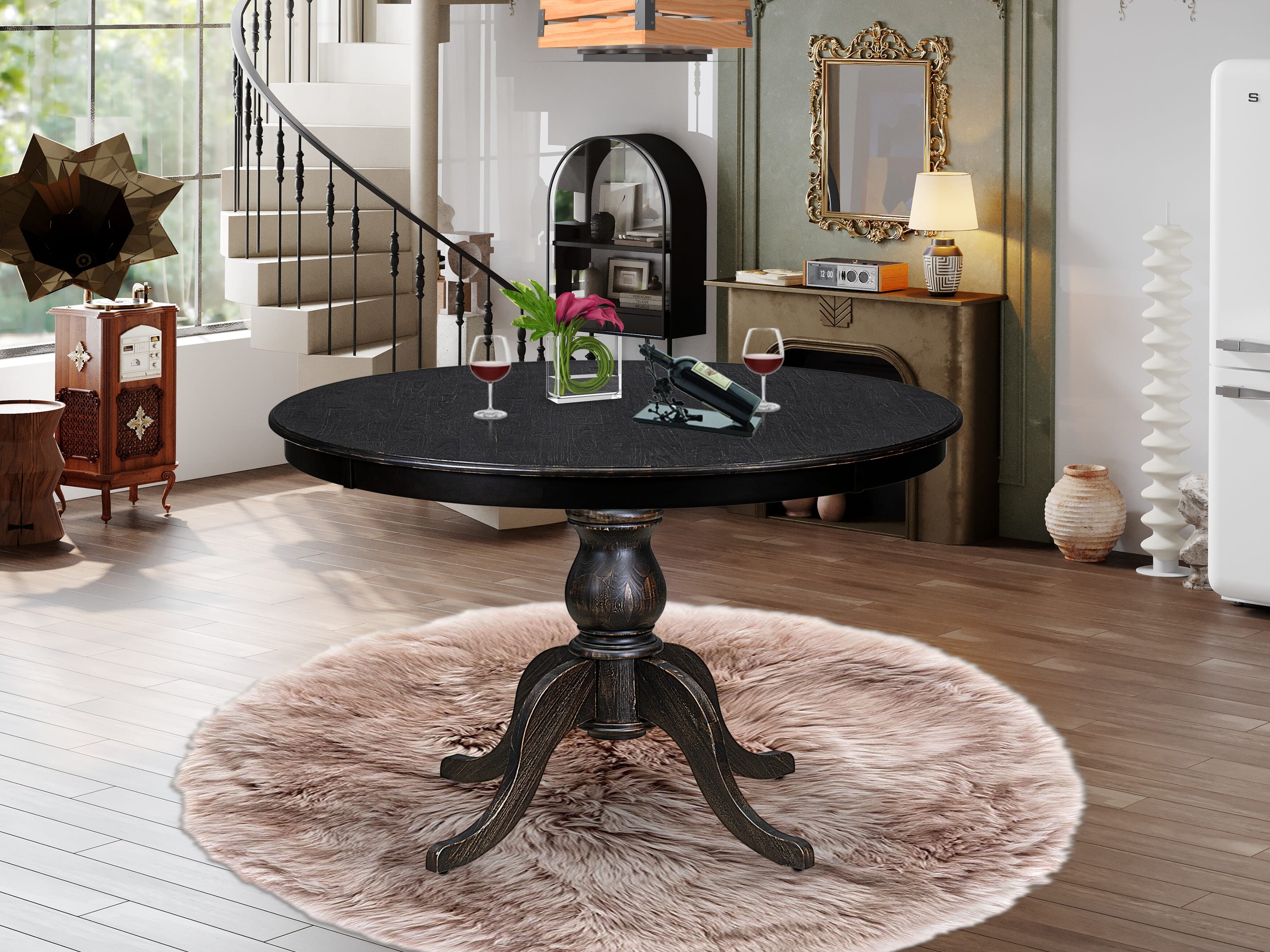 Luxe by East West Furniture F6DA7-411-24 7 Piece Kitchen Table Set Consists of a 48" Round Table with Pedestal and 6 Black Linen Fabric Upholstered Chairs, Sand Blasted Black