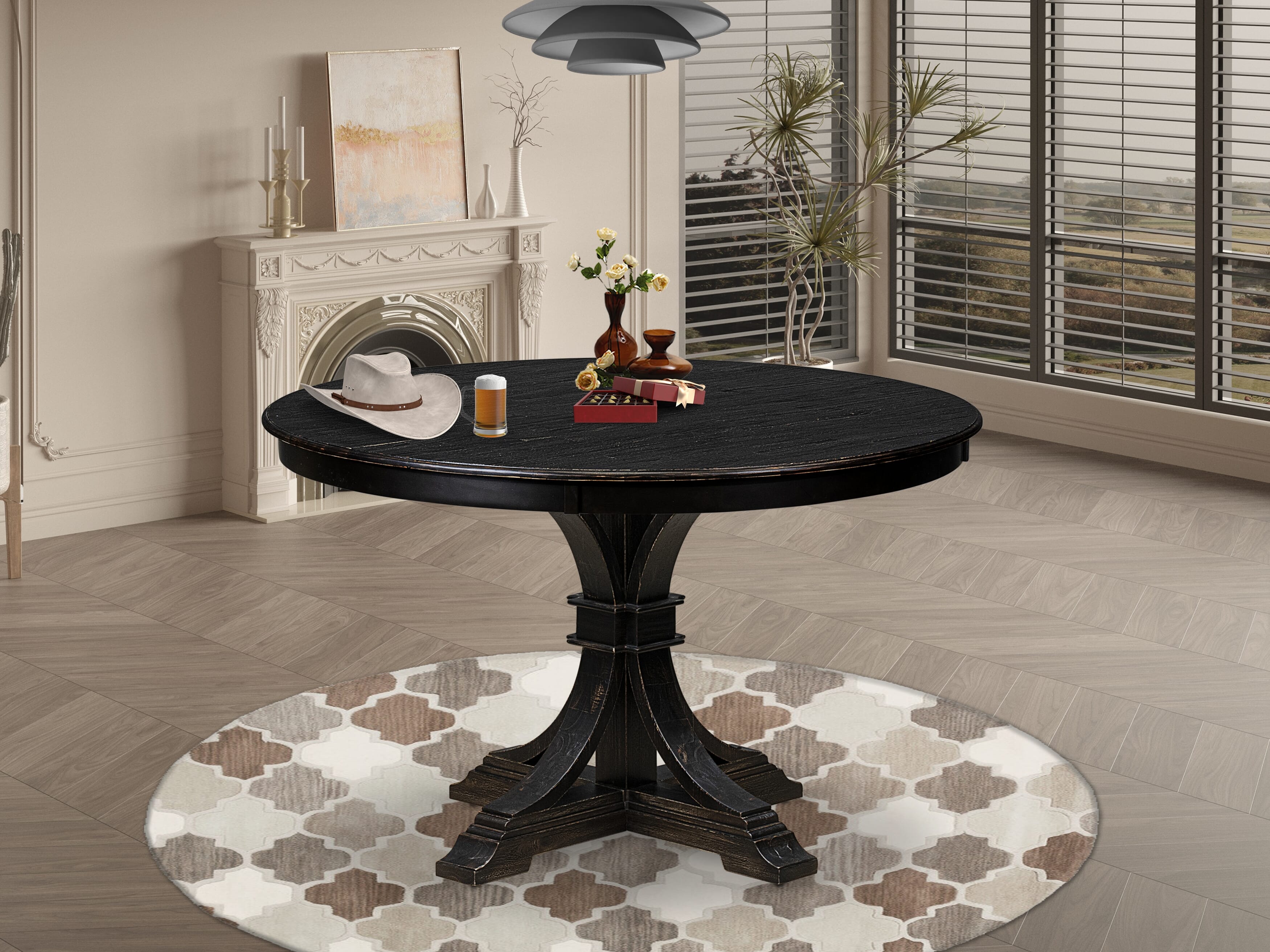 Luxe by East West Furniture F7DA7-411-13 7-piece Kitchen Table Set with Faux Leather 6 Platinum Gray dining chairs, Button-Tufted Backs, and a 48"Round Dining Table in Sand Blasted Black Finish.