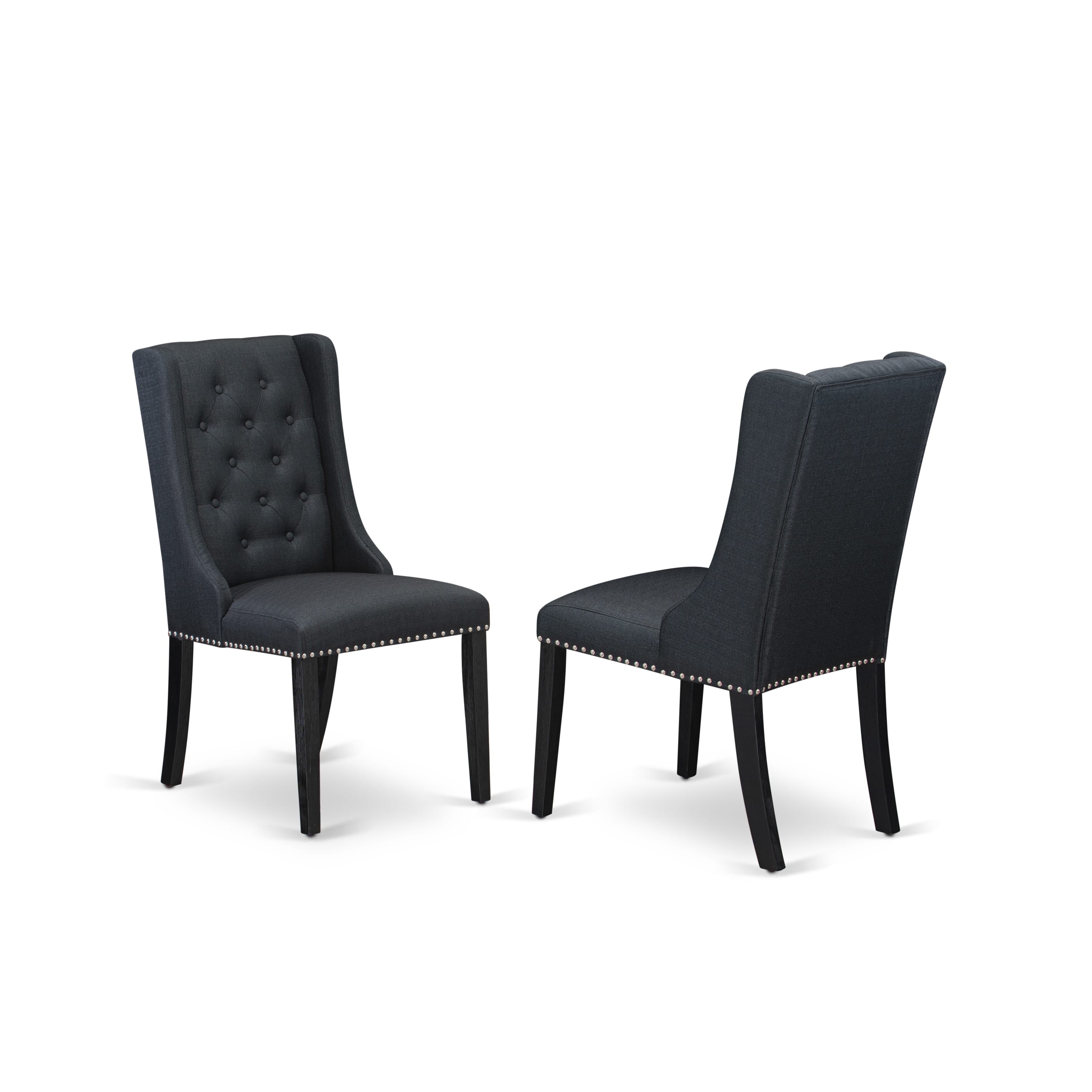 East West Furniture X627FO624-7 7 Piece Kitchen Table Set - 6 Black Linen Fabric Dining Room Chairs Button Tufted with Nail heads and linen white Dining Room Table - Wire Brush Black Finish