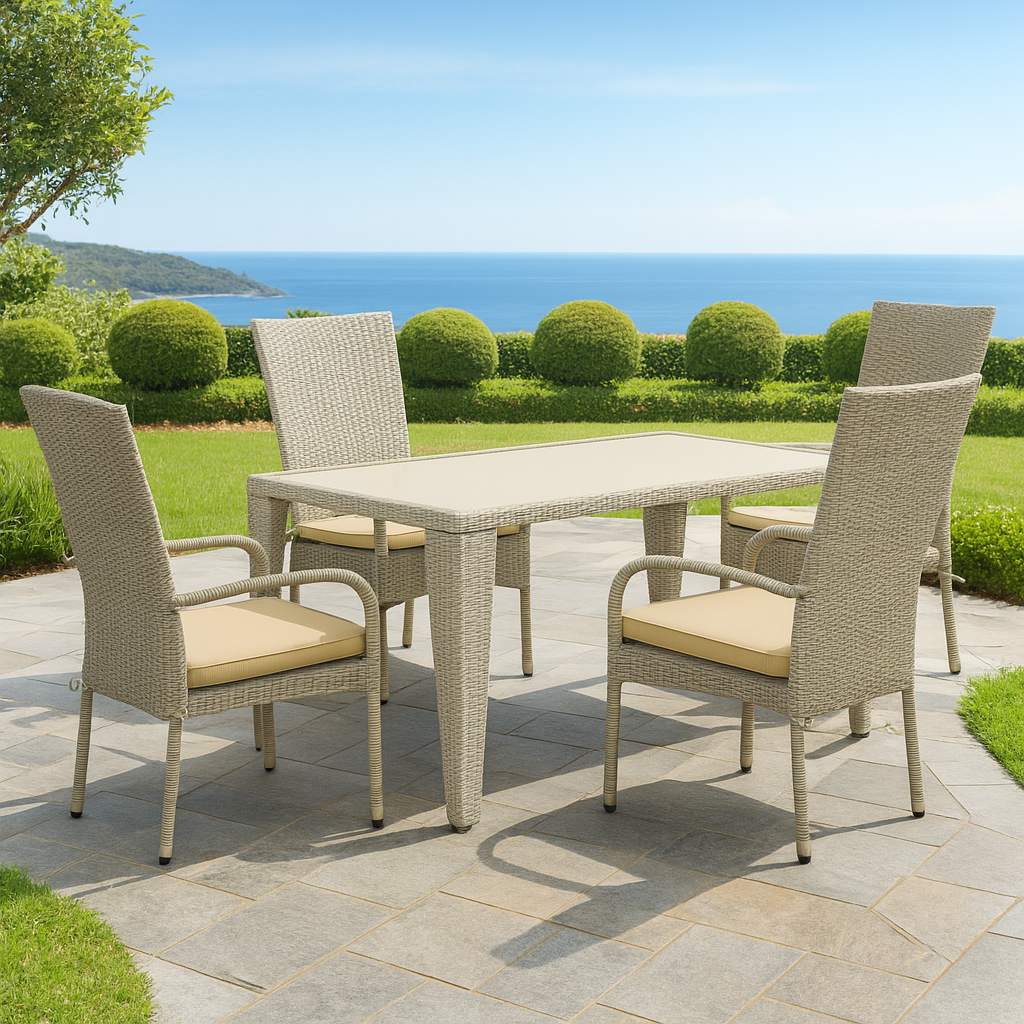 GUOS5-03A 5Pc Outdoor-Furniture Natural Color Wicker Dining Set Includes a Patio Table and 4 Balcony Backyard Armchair with Linen Fabric Cushion