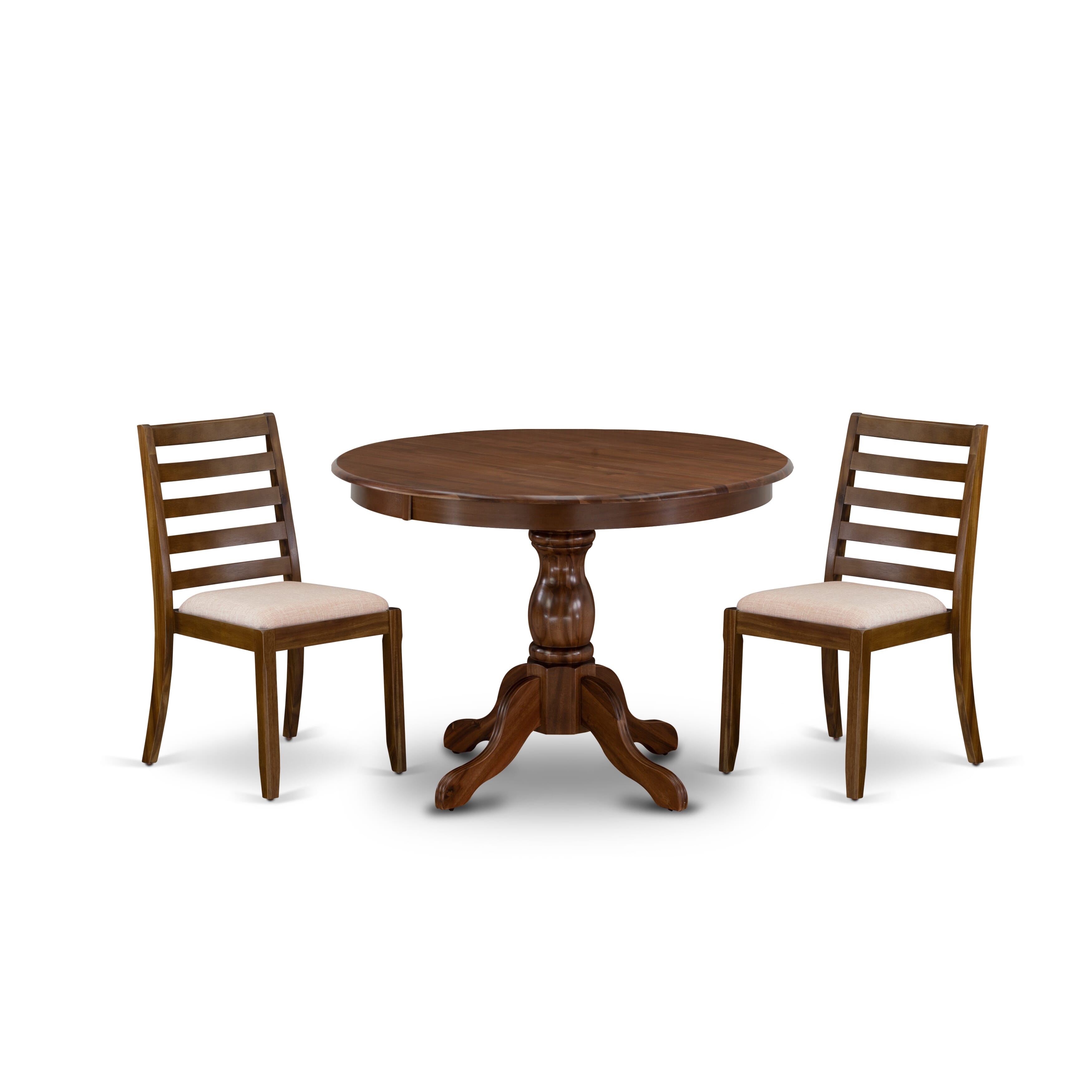HBX13-AWA-04 3-pc Dining Table Set consists of a Round Table and 2 Light Tan Linen Fabric stackable Chair, Antique Walnut Finish.