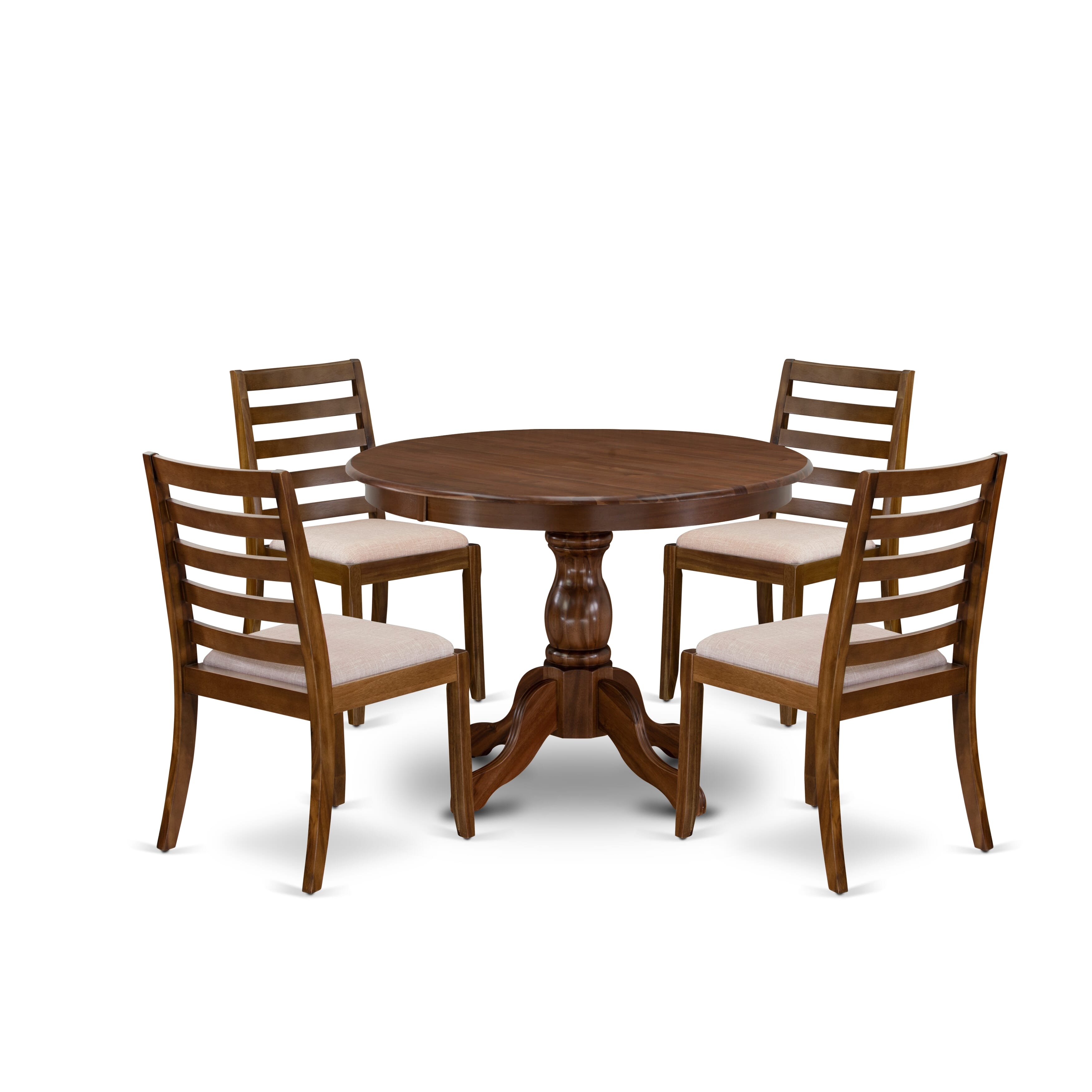 HBX15-AWA-04 5-piece Dining Table Set included a Round Table and 4 Light Tan Linen Fabric stackable Chair, Antique Walnut Finish.