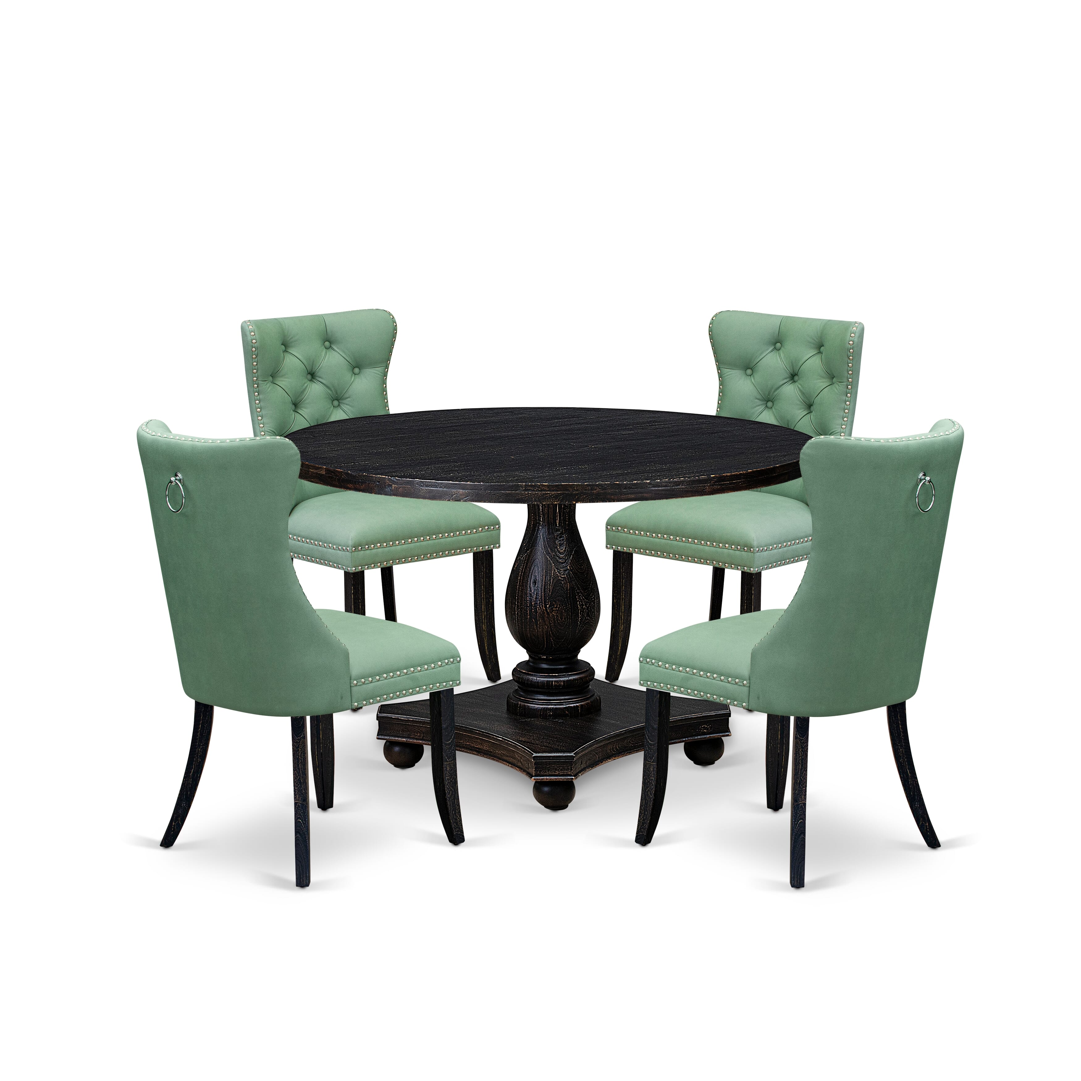 Luxe by East West Furniture I2DA5-411-22 5 Piece Dining Set Includes a 48" Round Table with Pedestal and 4 Willow Green Faux Leather Upholstered Chairs, Sand Blasted Black