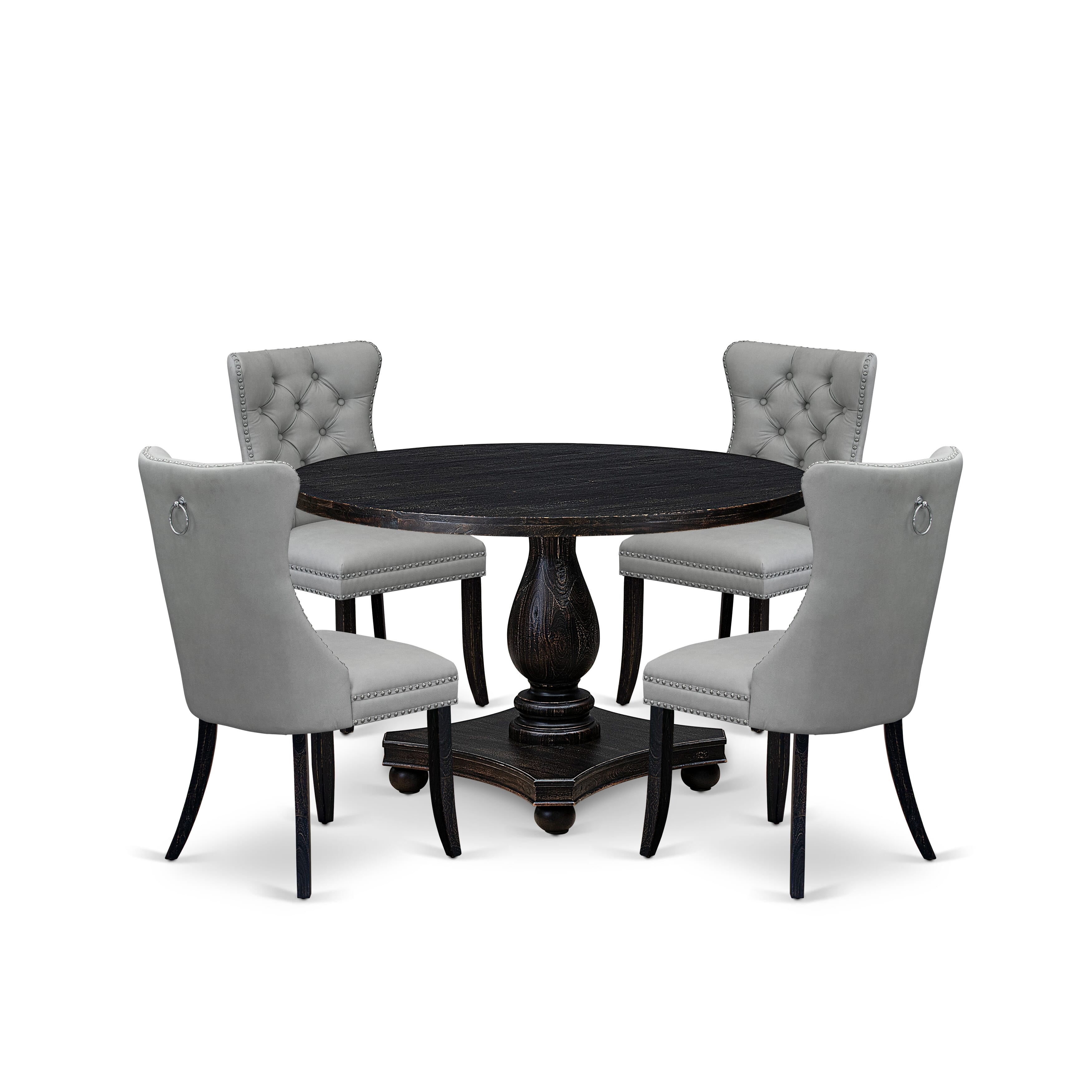 Luxe by East West Furniture I2DA5-411-27 5 Piece Dining Table Set Includes a 48" Round Table with Pedestal and 4 Light Gray Faux Leather Parson Chairs, Sand Blasted Black