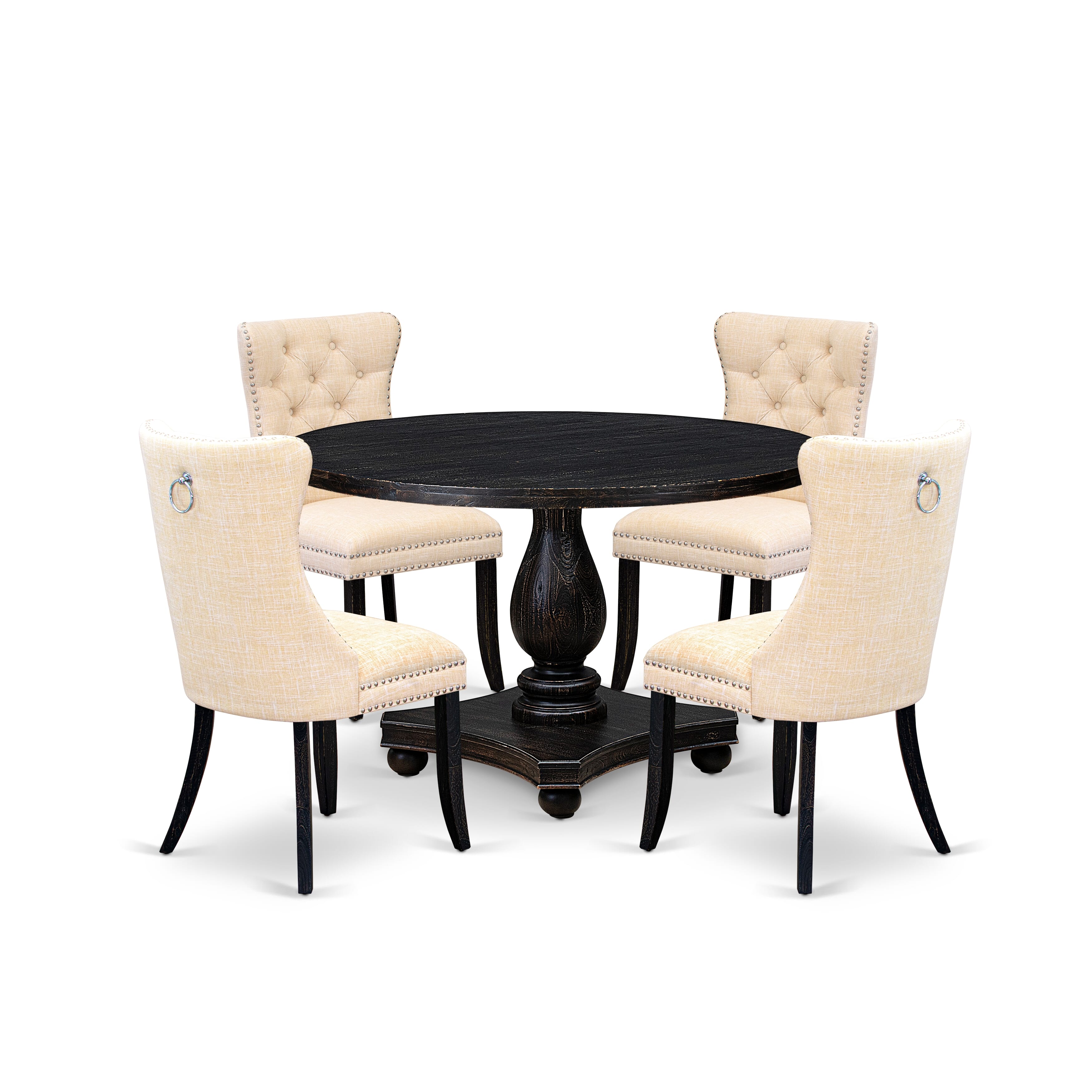 Luxe by East West Furniture I2DA5-411-32 5-piece Dining Set consists of a wood table and 4 Light Beige Linen Fabric dinner chairs with Button Tufted Back - Sand Blasted Black