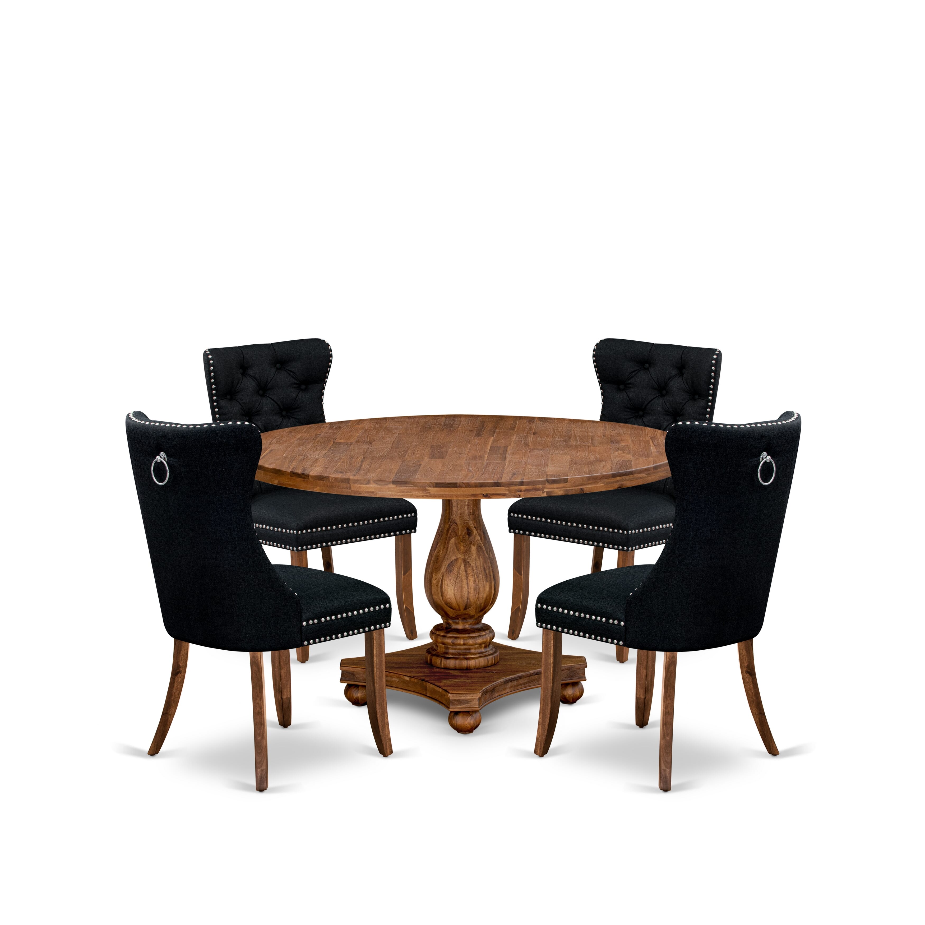 Luxe by East West Furniture I2DA5-50N-24 5-Piece Modern Dining Table Set with Linen Fabric 4 Black upholstered chairs, Button-Tufted Backs, and a 54"Round Table in Antique Walnut Finish.
