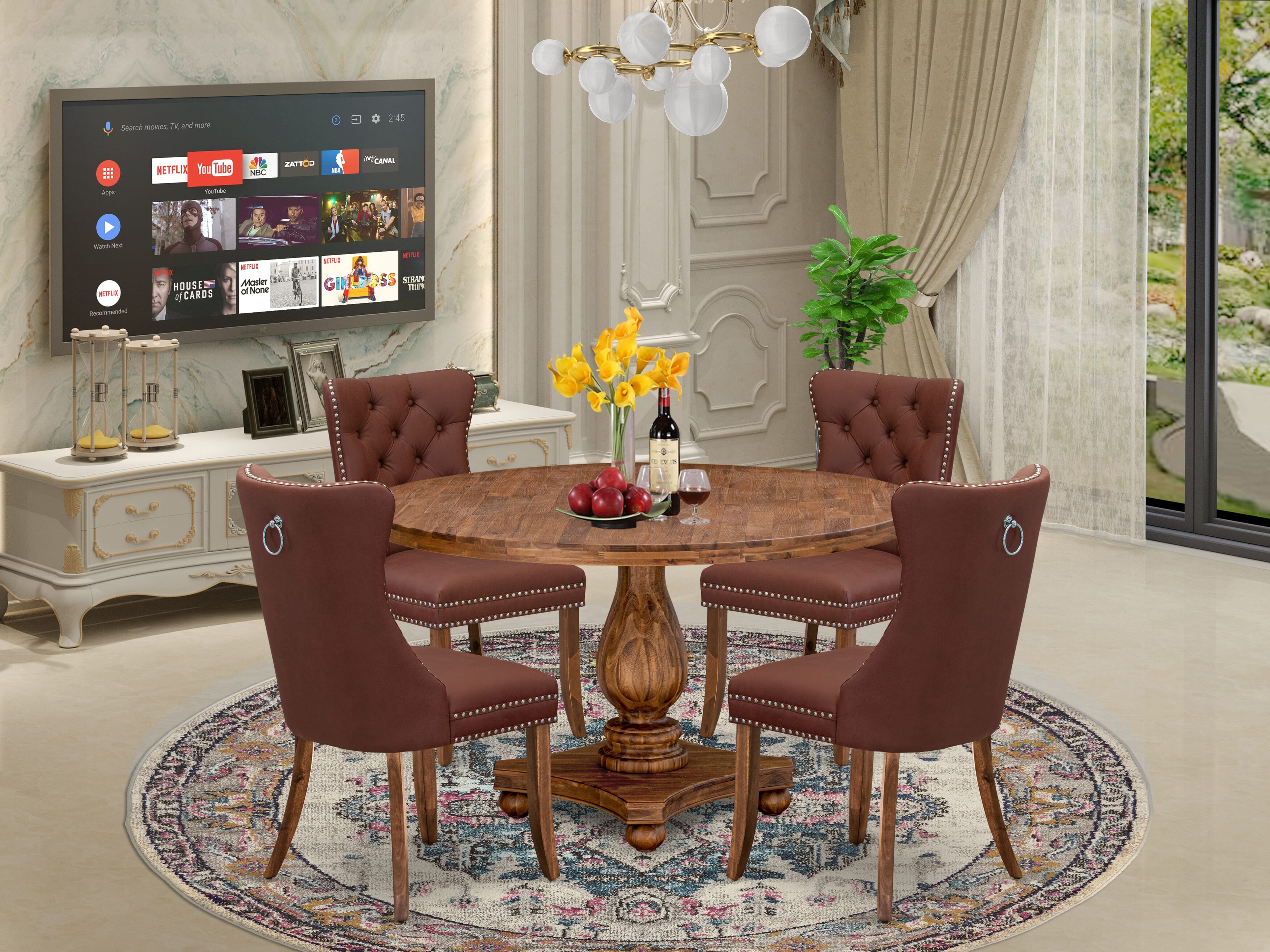 Luxe by East West Furniture I2DA5-50N-26 5-Pc Dining Table Set Consist a Kitchen Table and 4 Burgundy Faux Leather Upholstered Chairs with Button-Tufted Back, Antique Walnut