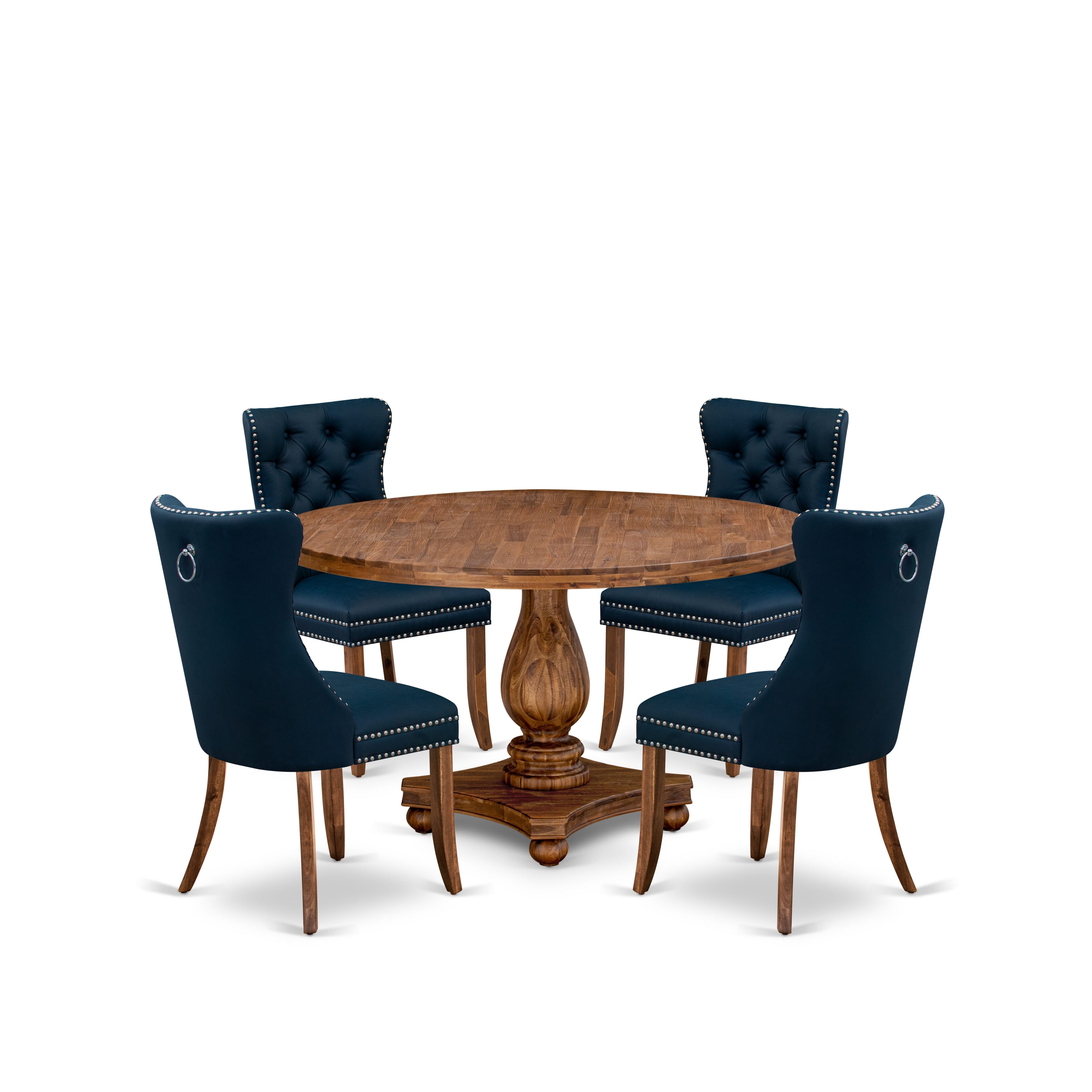 Luxe by East West Furniture I2DA5-50N-29 5-Piece mid-century kitchen set with Faux Leather 4 Navy Blue kitchen chairs, Button-Tufted Backs, and a 54"Round Table in Antique Walnut Finish.
