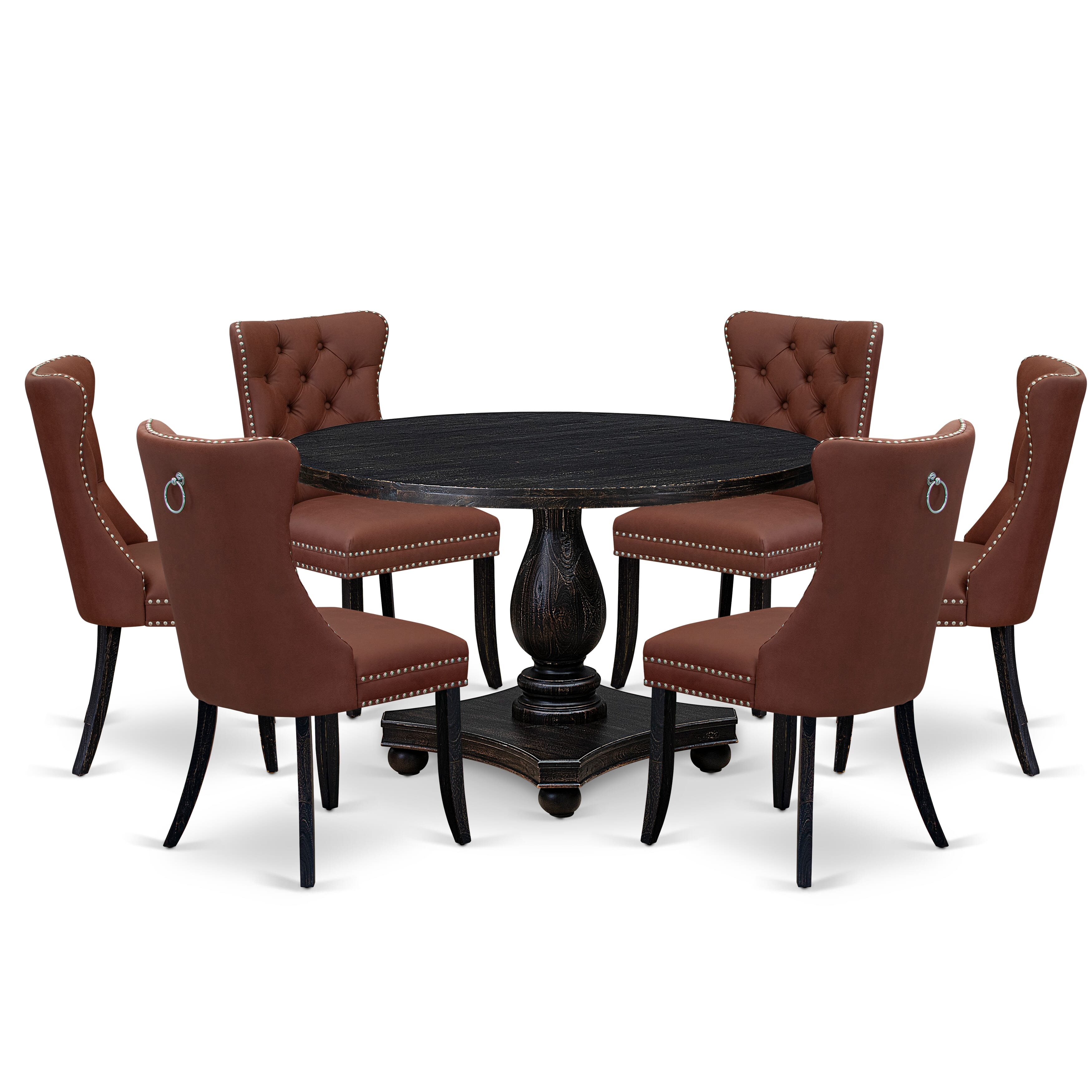Luxe by East West Furniture I2DA7-411-26 7 Piece Dining Table Set Consists of a 48" Round Table with Pedestal and 6 Burgandy Faux Leather Parson Chairs, Sand Blasted Black