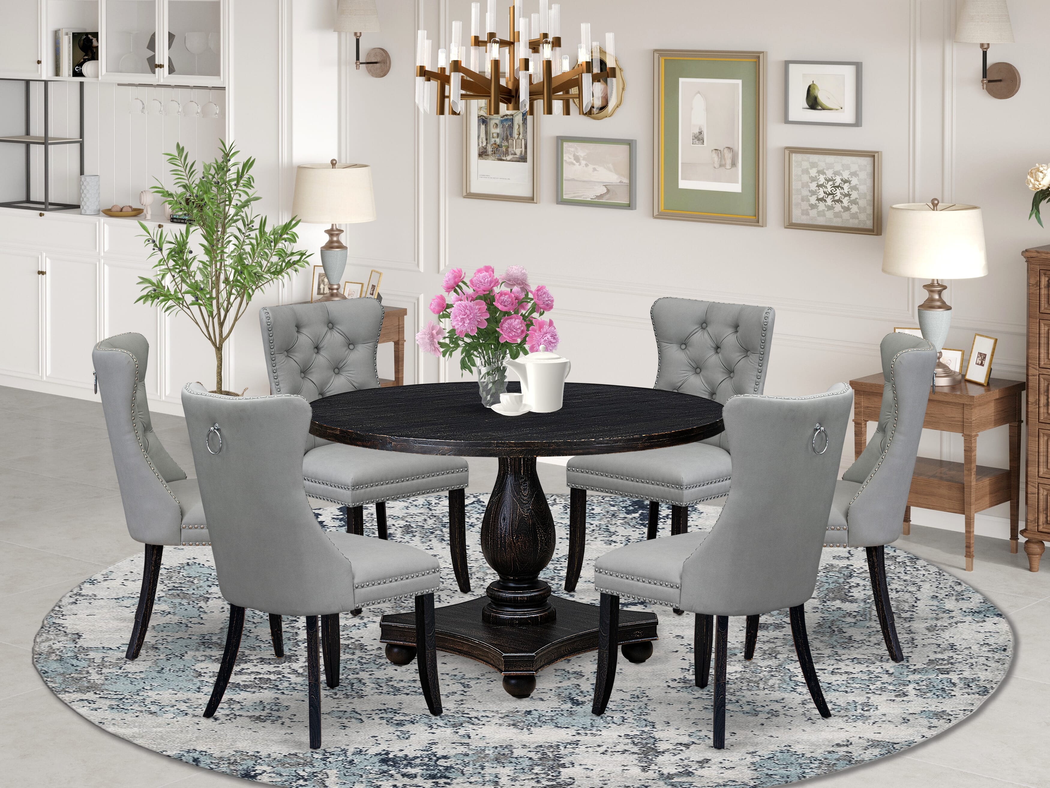 Luxe by East West Furniture I2DA7-411-27 7 Piece Dining Table Set Consists of a 48" Round Table with Pedestal and 6 Light Gray Faux Leather Padded Chairs, Sand Blasted Black