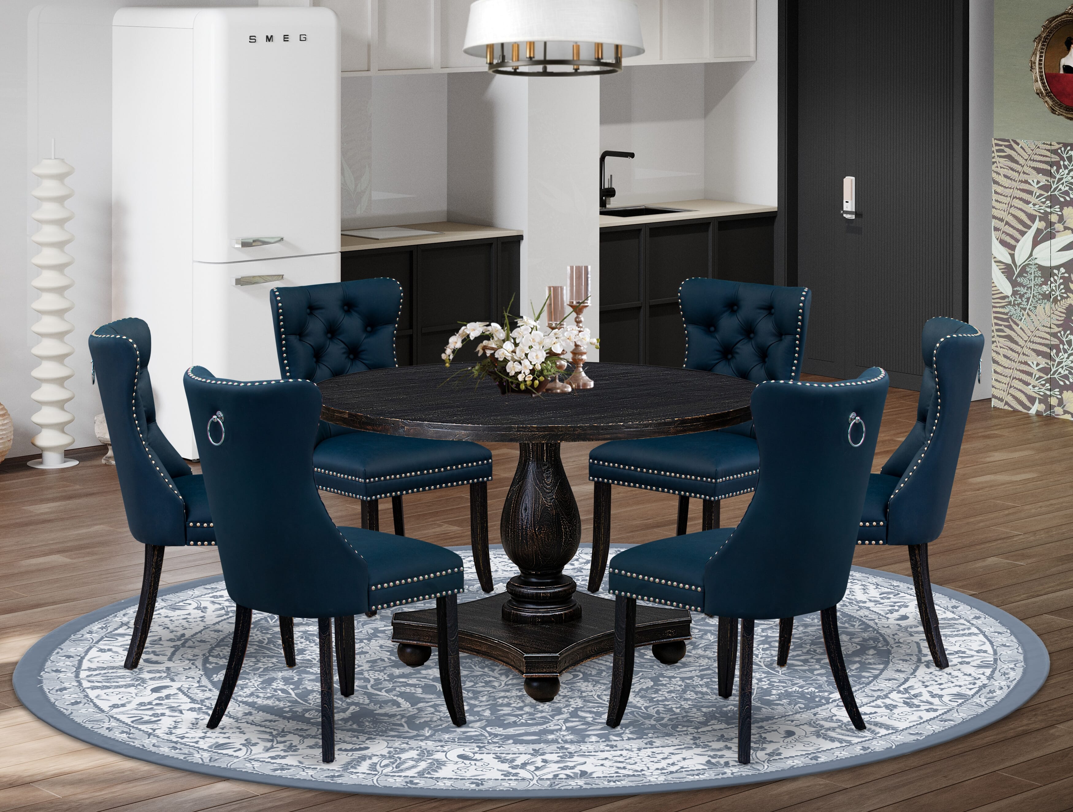 Luxe by East West Furniture I2DA7-411-29 7 Piece Dining Table Set Consists of a 48" Round Table with Pedestal and 6 Navy Blue Faux Leather Padded Chairs, Sand Blasted Black